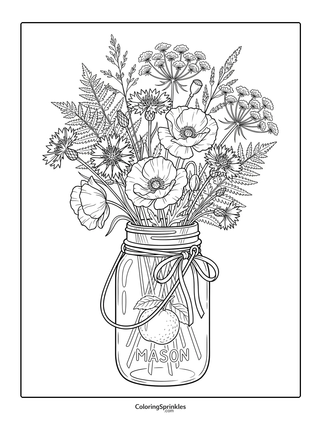 Coloring page of a wildflower bouquet in a mason jar