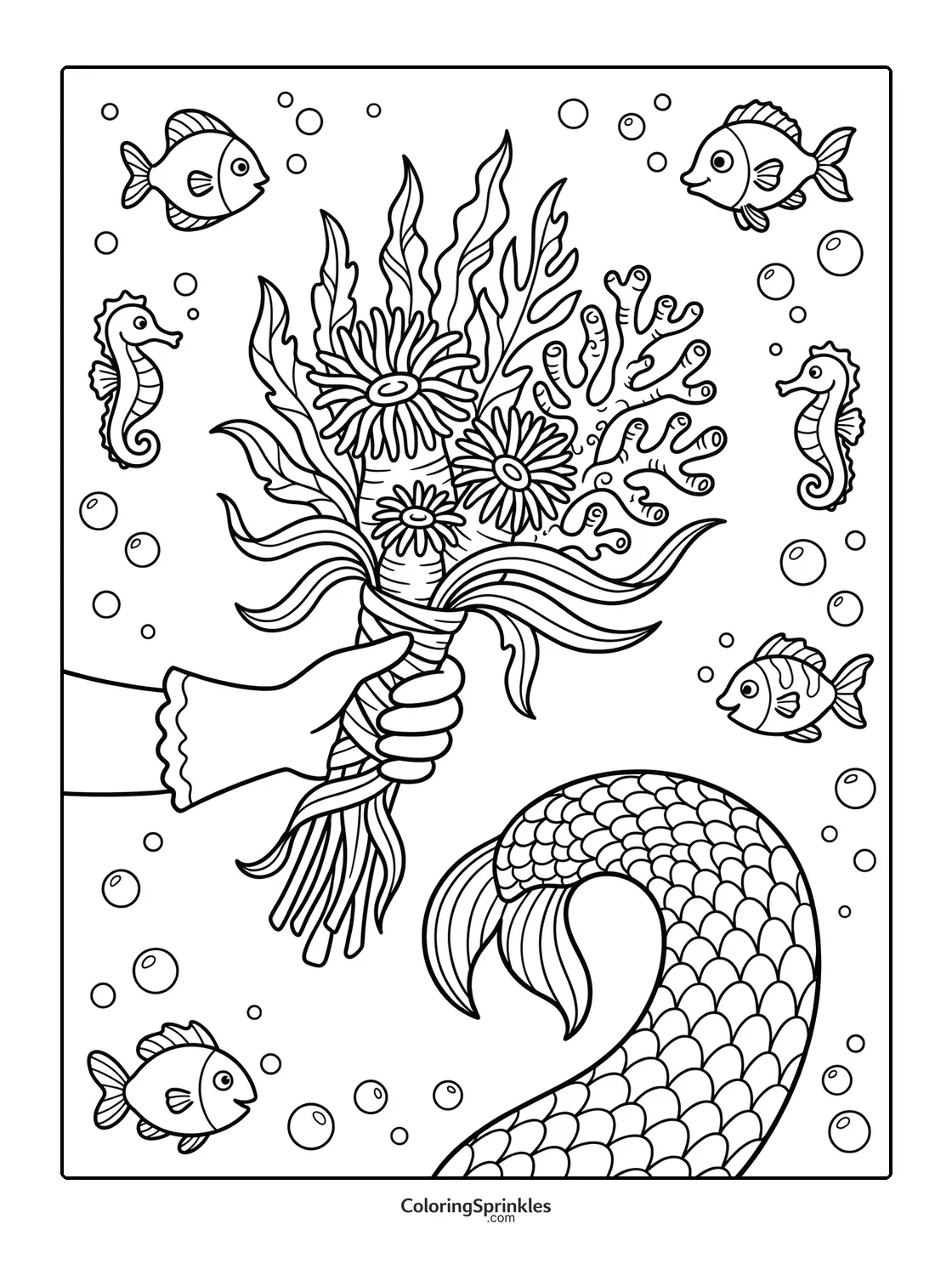 Coloring page of a mermaid holding a bouquet underwater with fish and seahorses