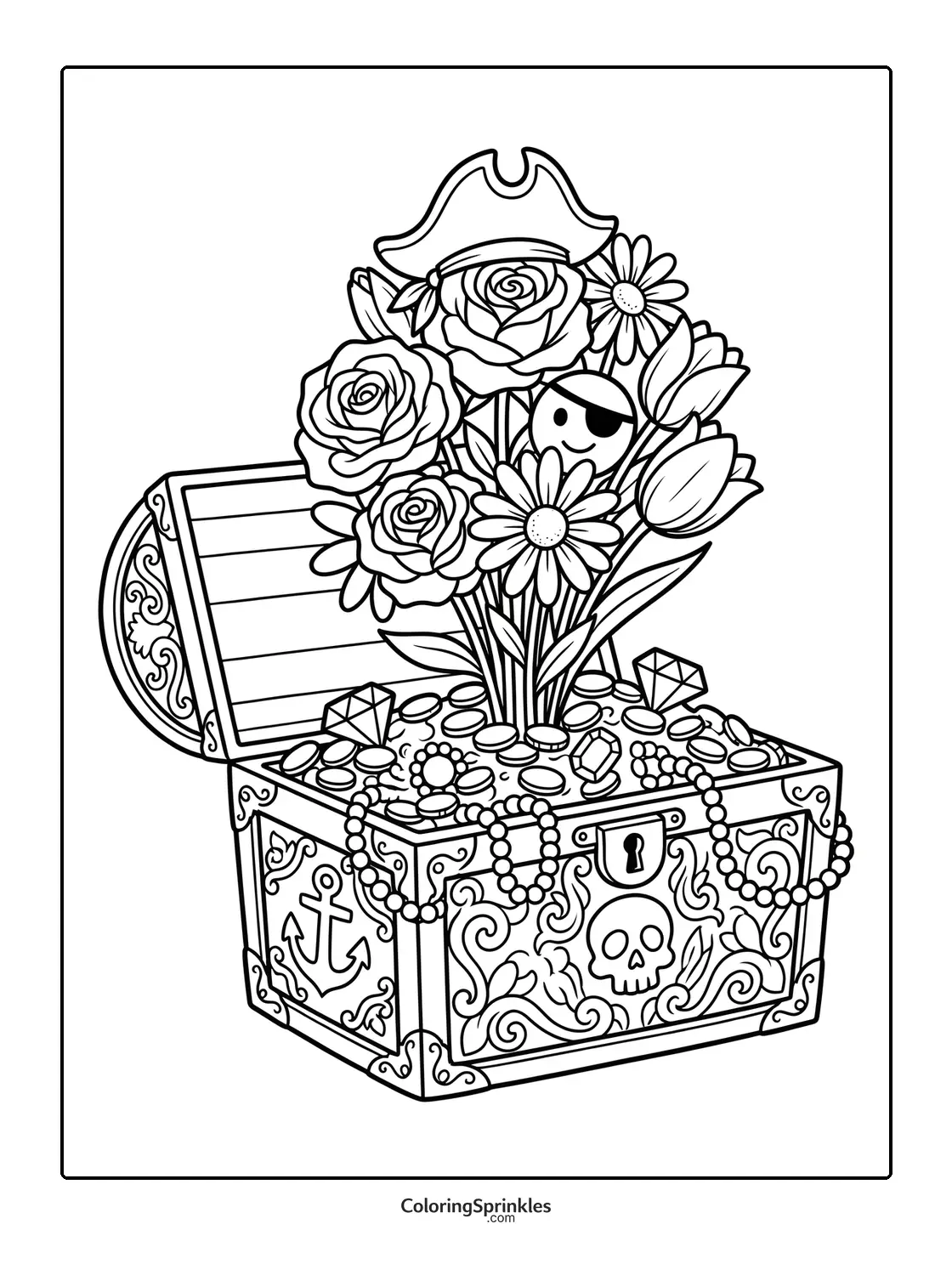 Coloring page of a pirate treasure chest filled with flowers and jewels