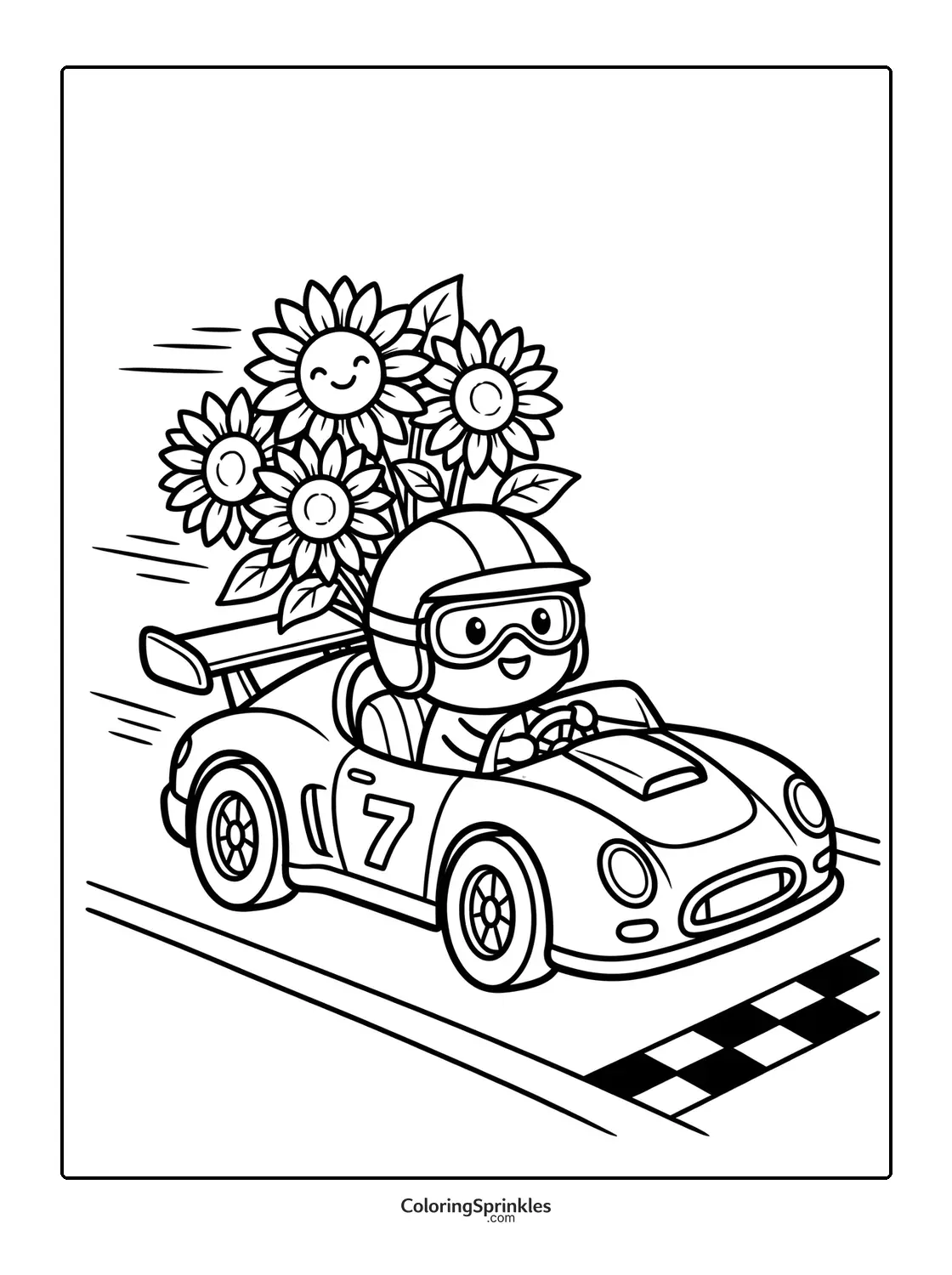 Coloring page of a racecar driver with a bouquet of sunflowers