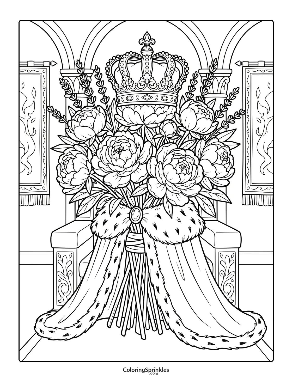Coloring page of a royal bouquet with a crown on a throne