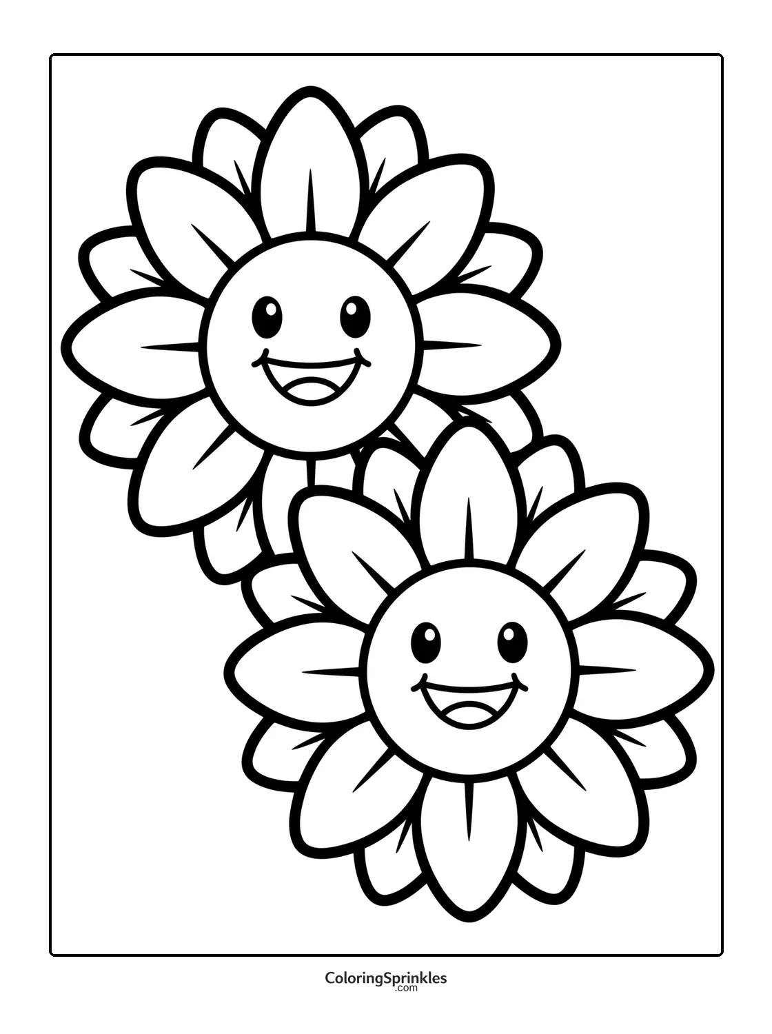 Coloring page of two smiling flowers in a bouquet
