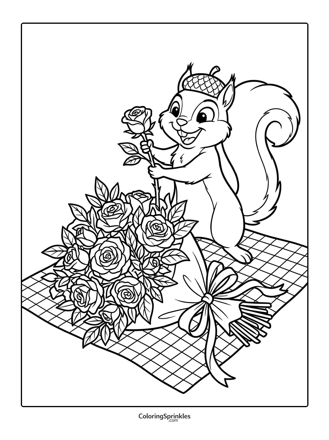 Coloring page of a squirrel holding a rose next to a bouquet on a picnic blanket