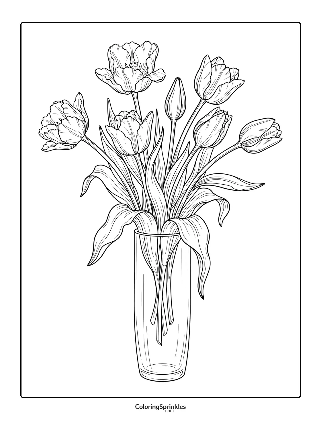 Coloring page of a tulip bouquet in a glass vase