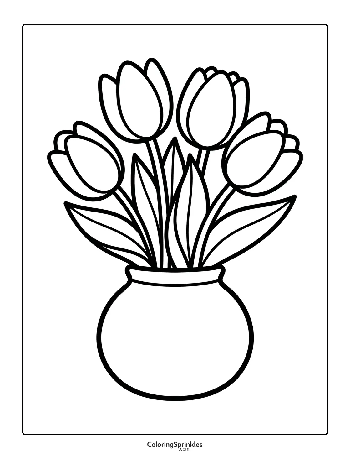 Coloring page of a bouquet of tulips in a vase