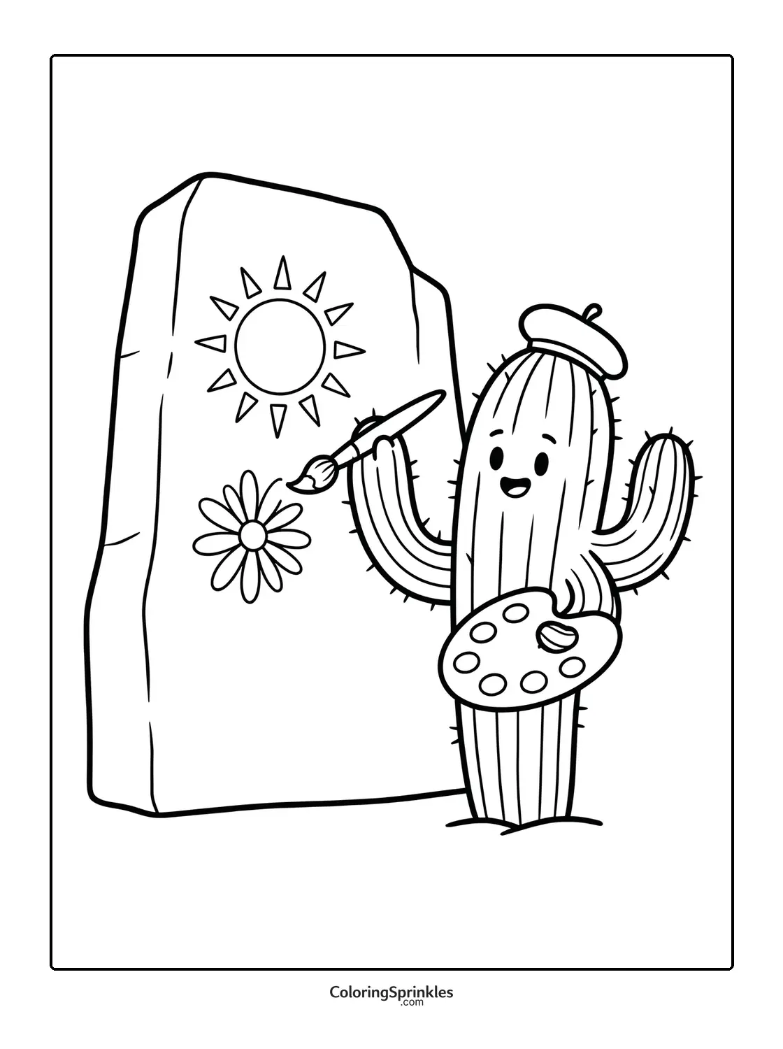 Coloring page of a cactus painter painting sun and flower art on a rock