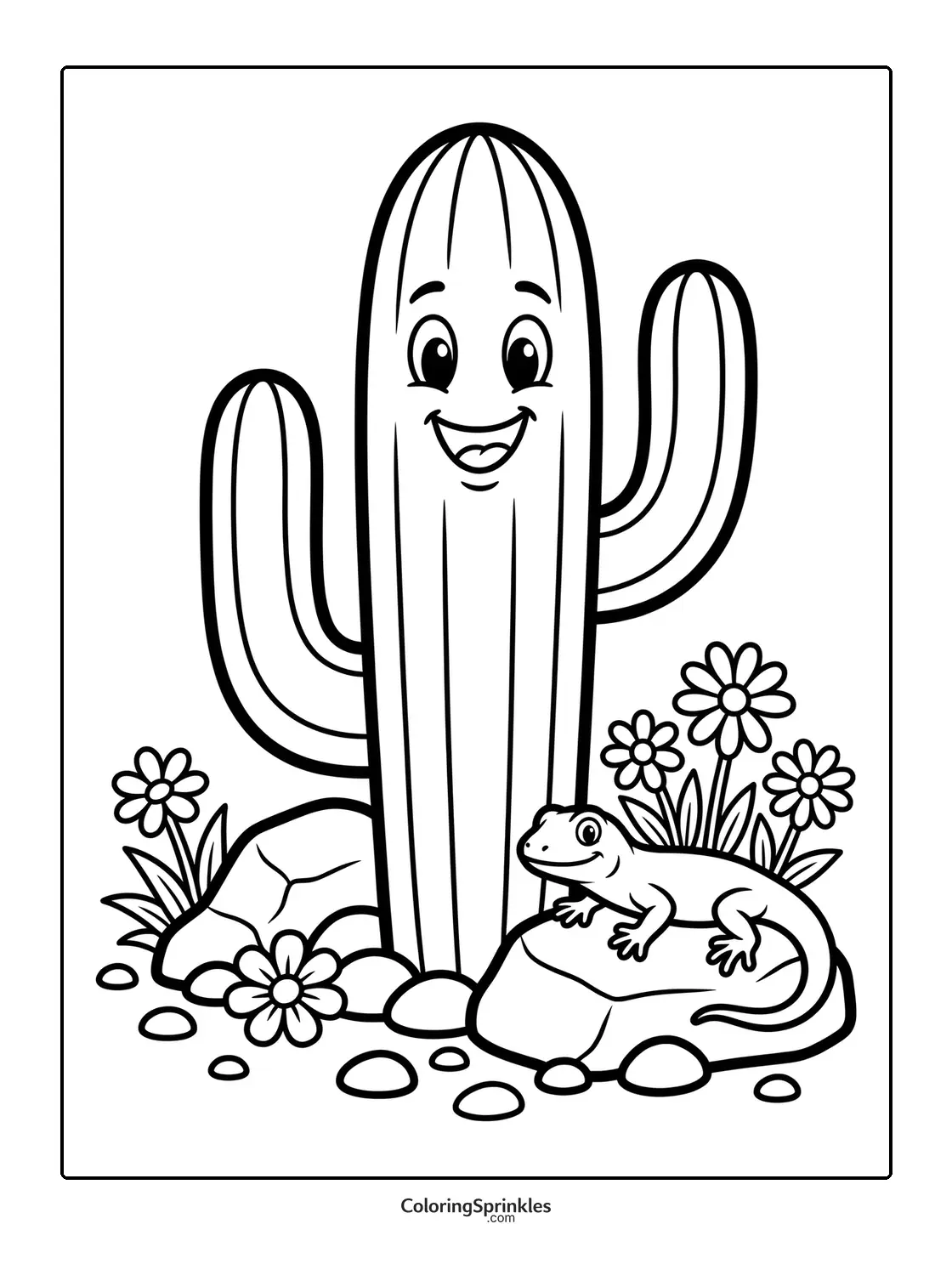 Coloring page of a happy cactus with a lizard on a rock and flowers