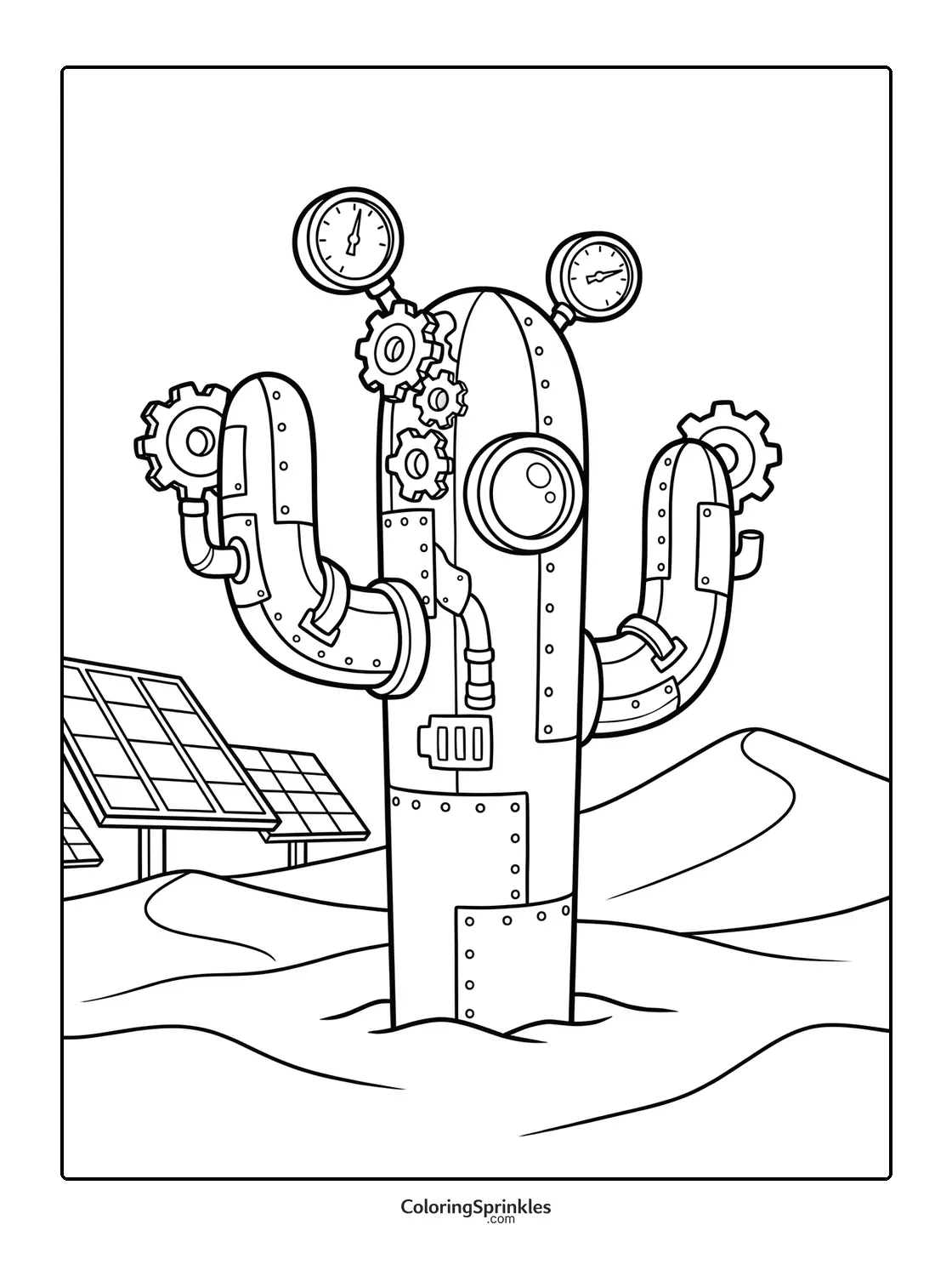 Coloring page of a mechanical cactus in a desert with solar panels