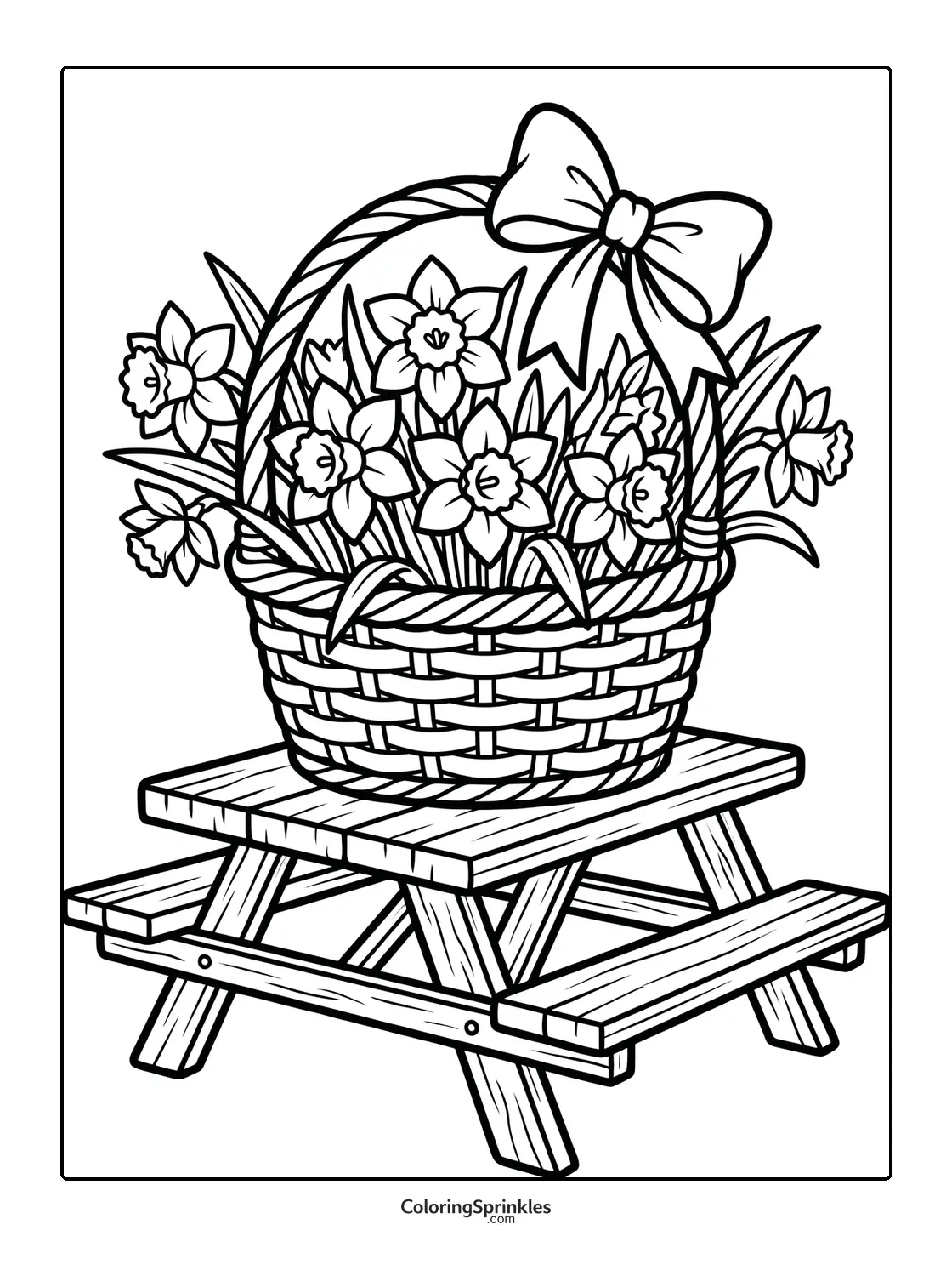 Coloring page of a basket of daffodils on a picnic table