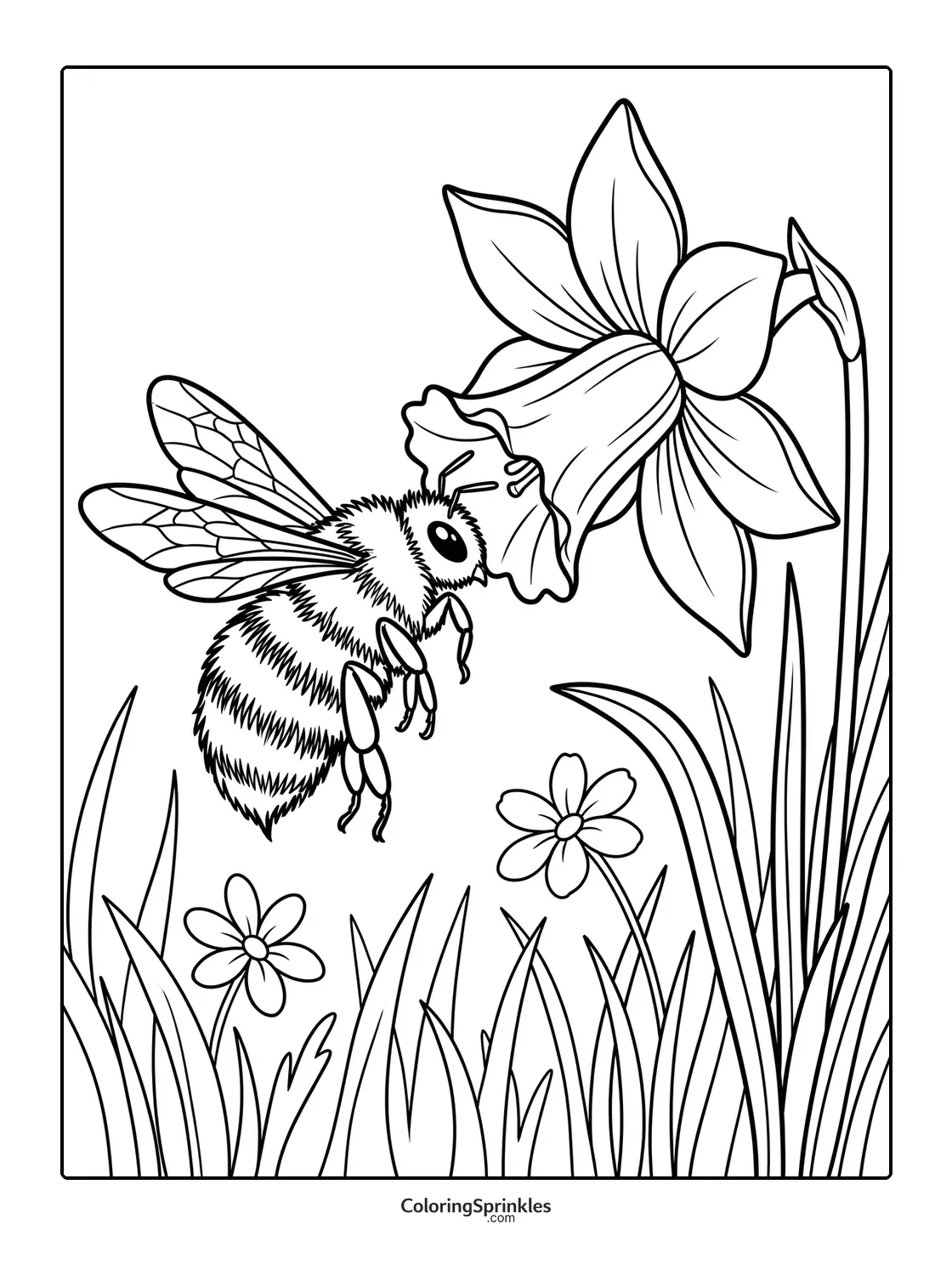 Coloring page of a bee pollinating a daffodil flower in grass