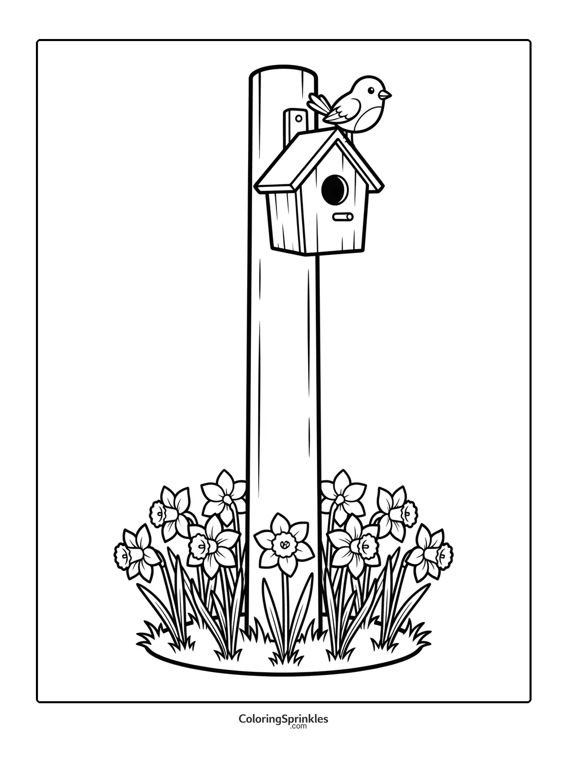 Coloring page of a birdhouse on a post with a bird and daffodils
