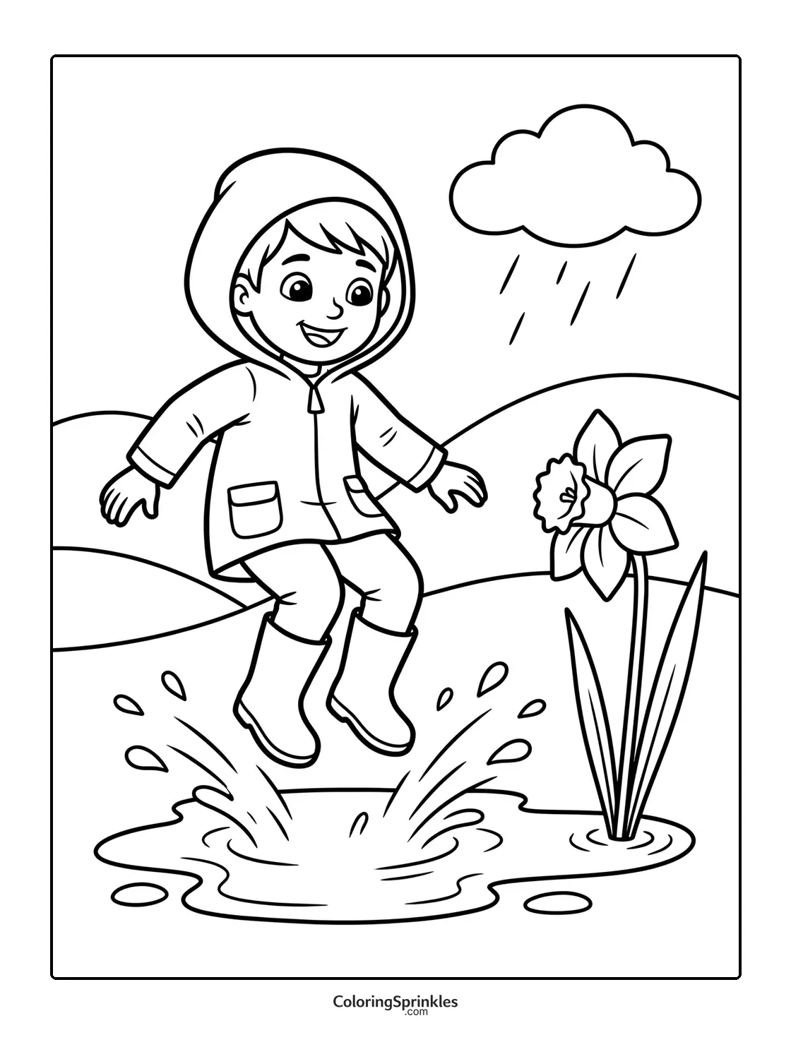 Coloring page of a child jumping in a puddle with rain and a daffodil