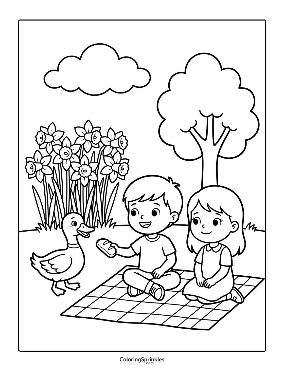 Coloring page of children feeding a duck near daffodils in a park