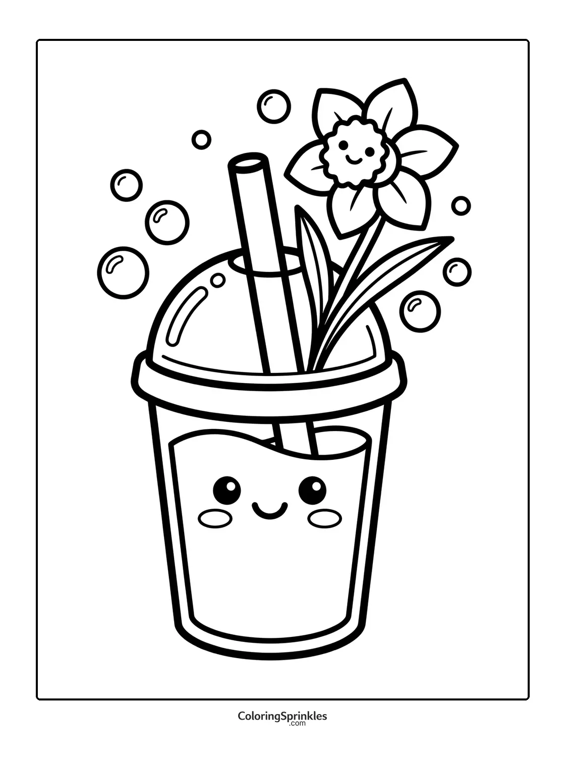 Coloring page of a cute drink cup with a smiling daffodil and bubbles