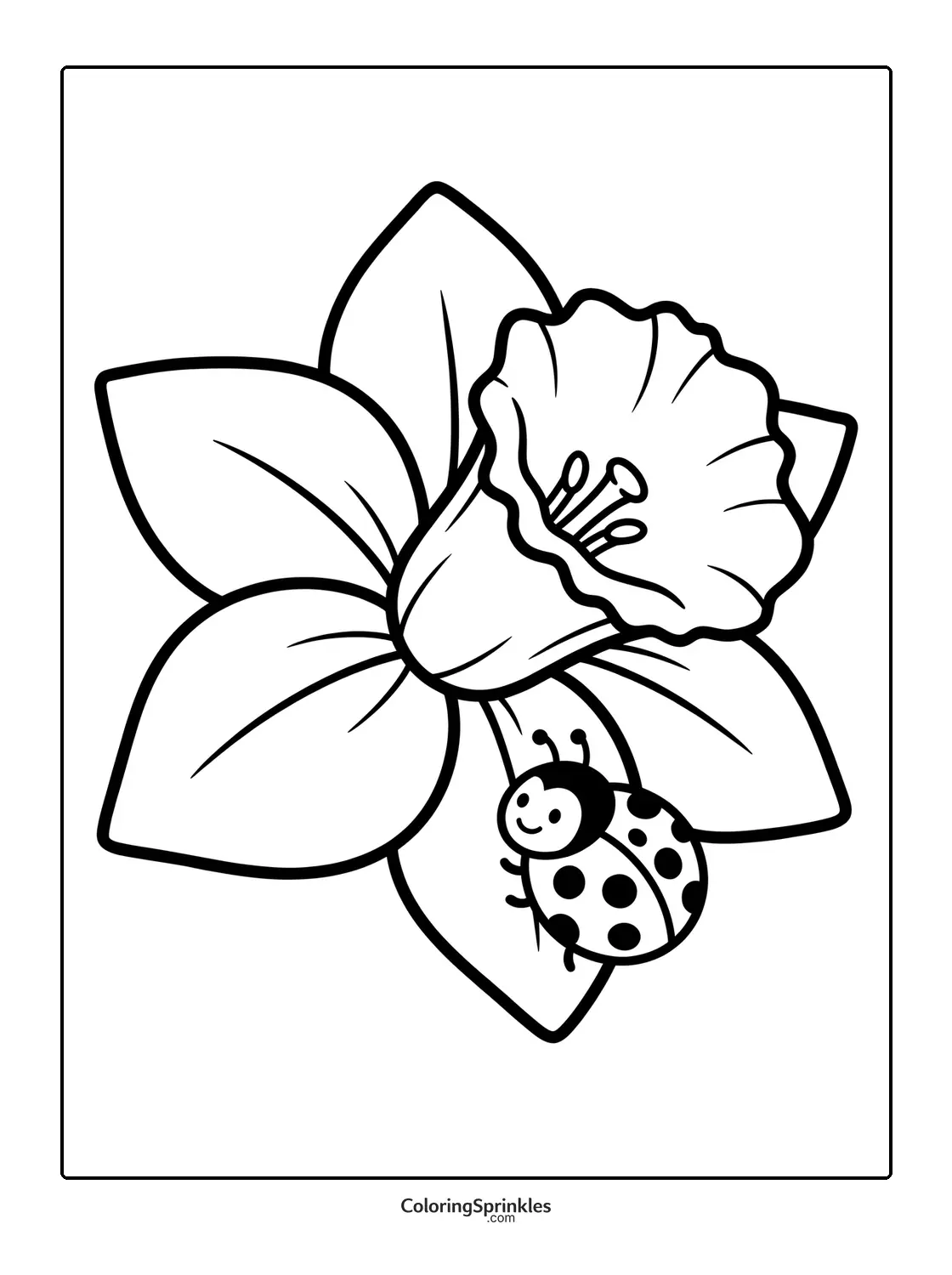 Coloring page of a daffodil flower with a ladybug