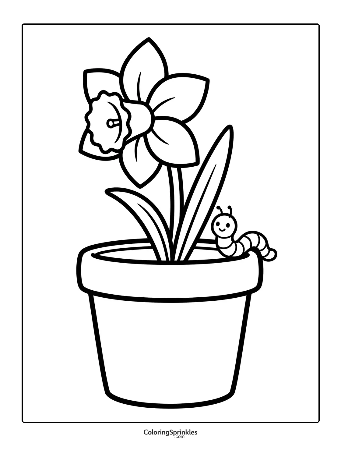 Coloring page of a daffodil flower in a pot with a smiling worm