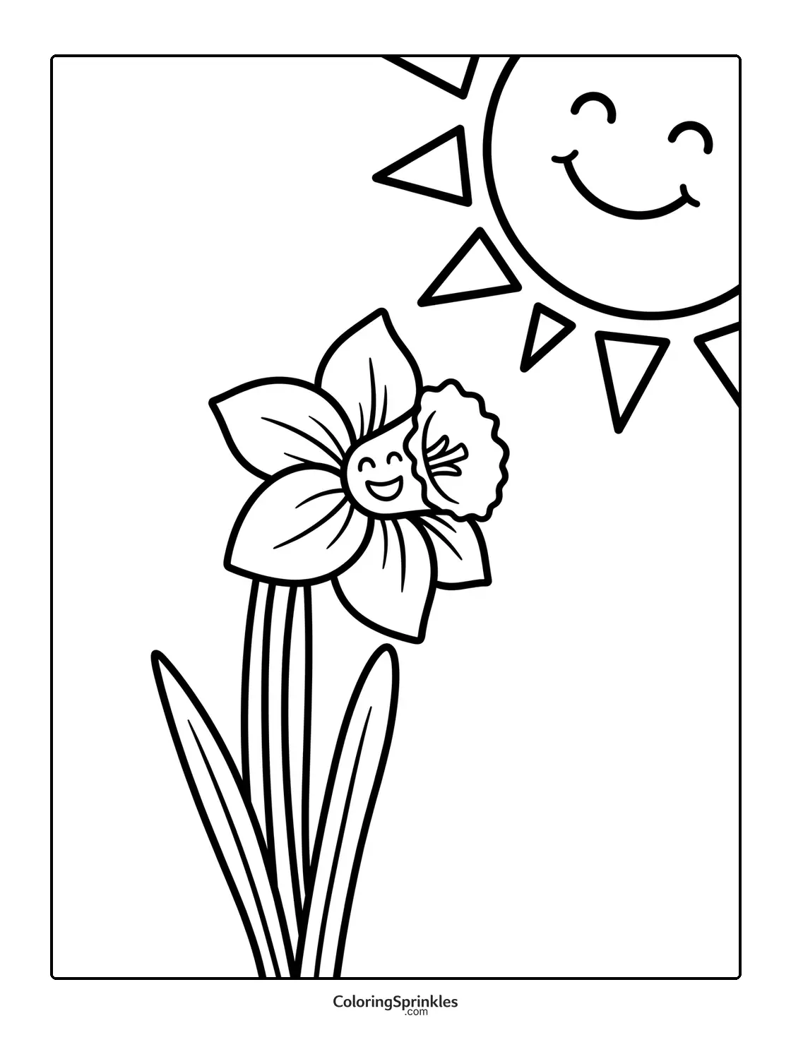 Coloring page of a daffodil flower with a smiling sun