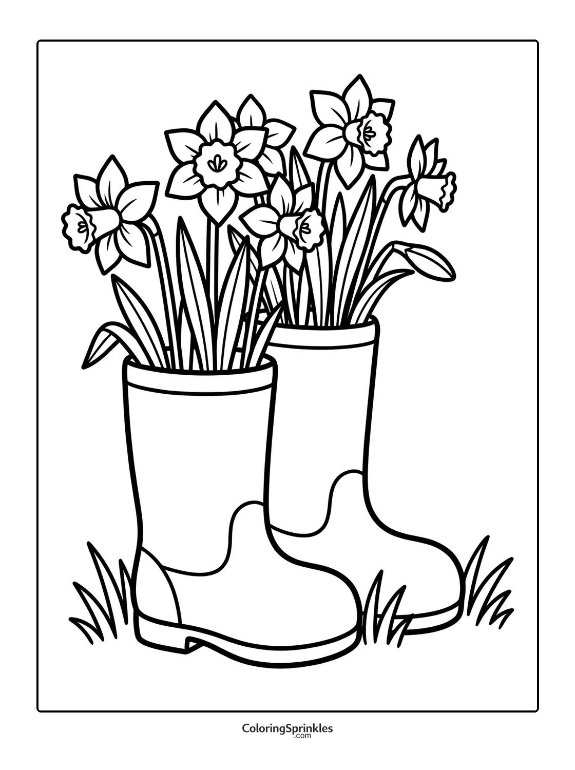 Coloring page of daffodils growing inside rain boots with grass