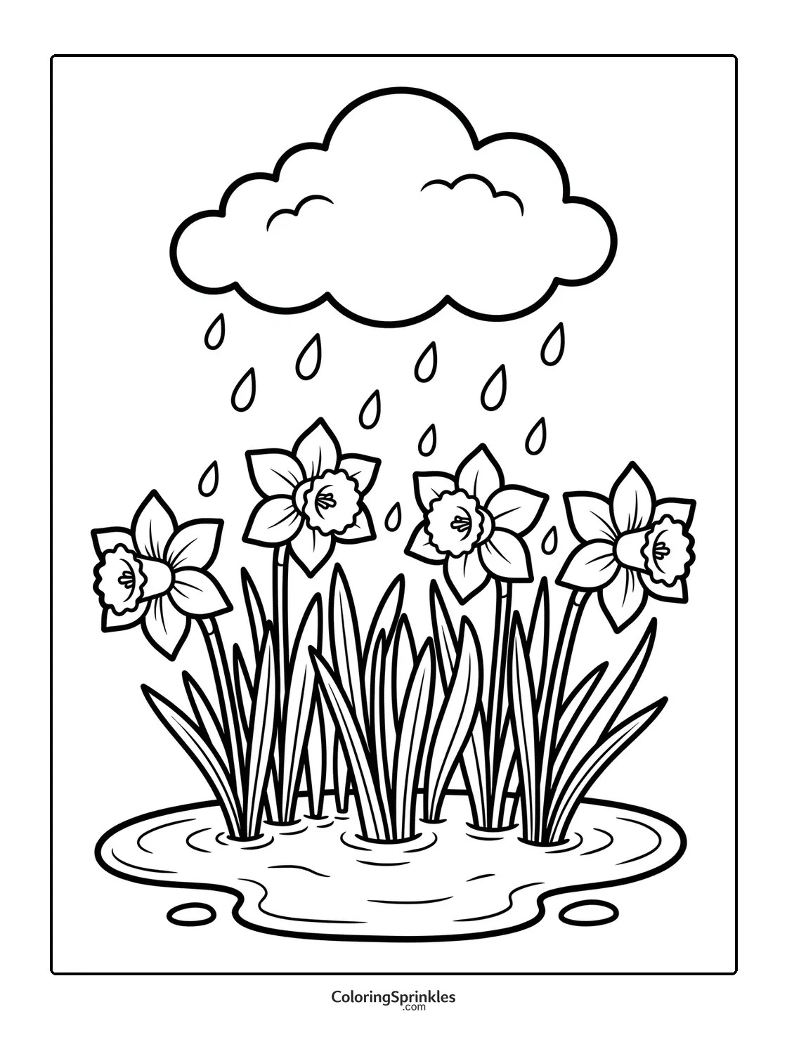 Coloring page of daffodils growing in a puddle under a rain cloud