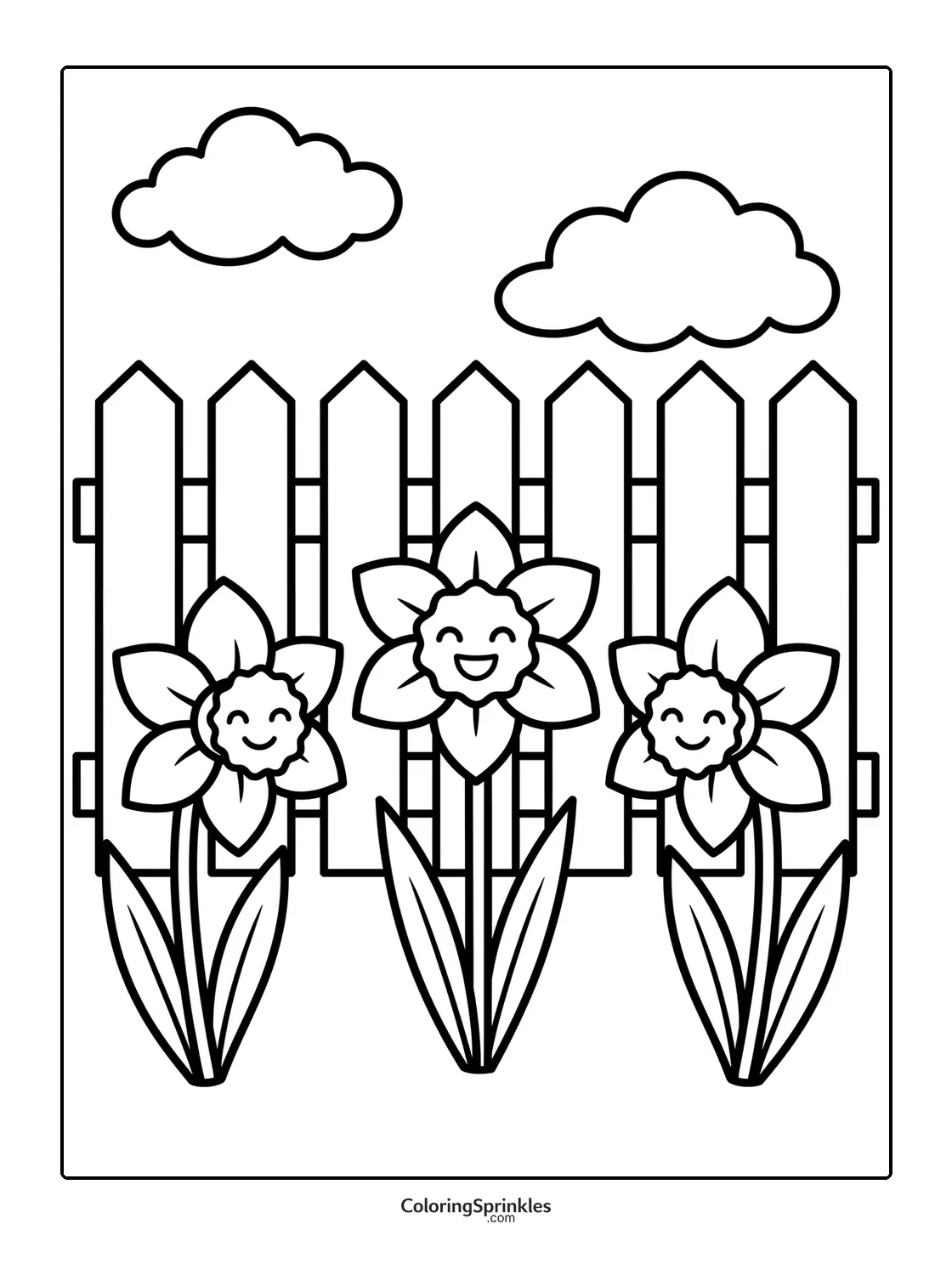 Coloring page of three smiling daffodils in front of a fence with clouds