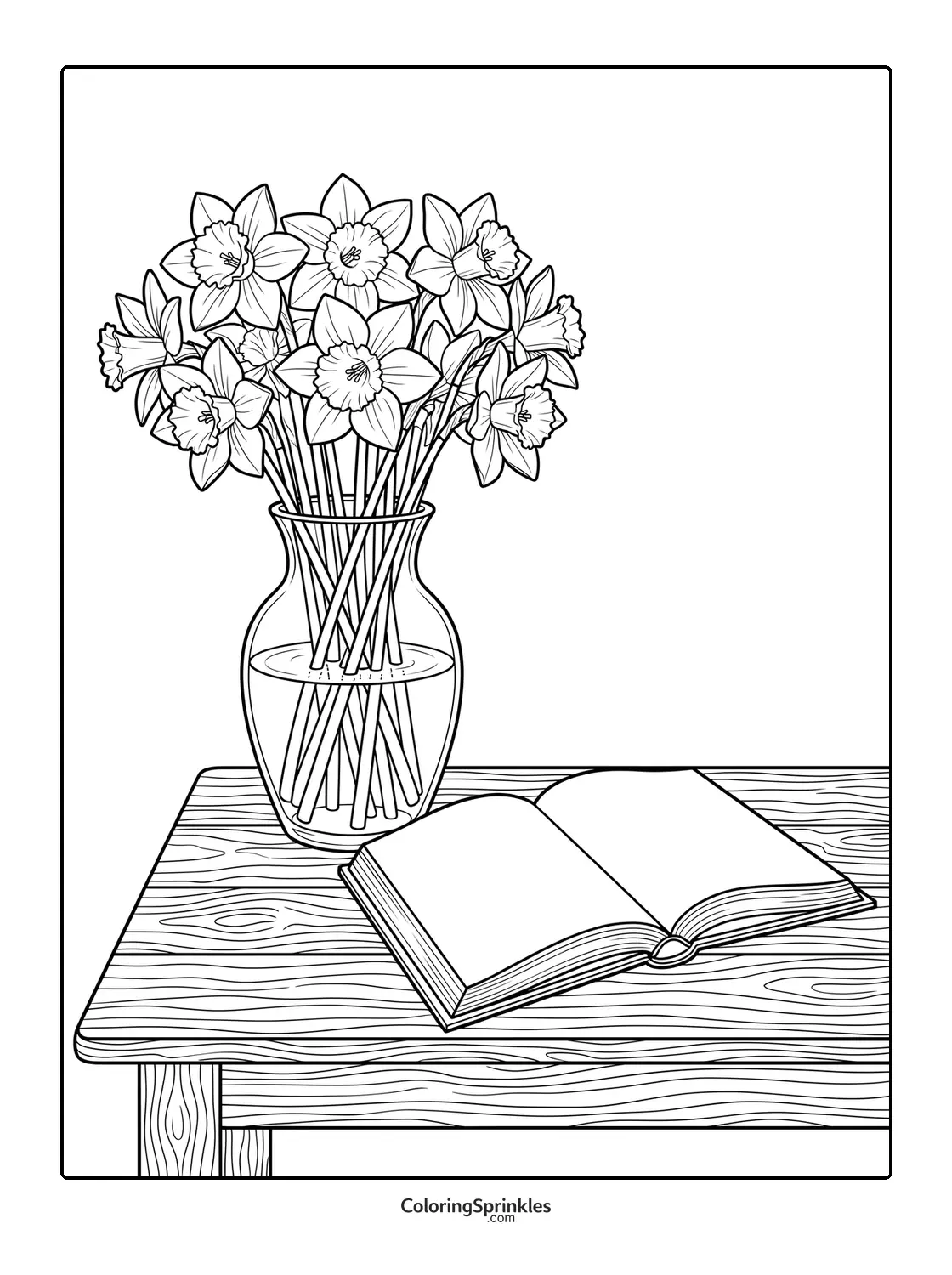 Coloring page of daffodils in a vase with an open book on a wooden table