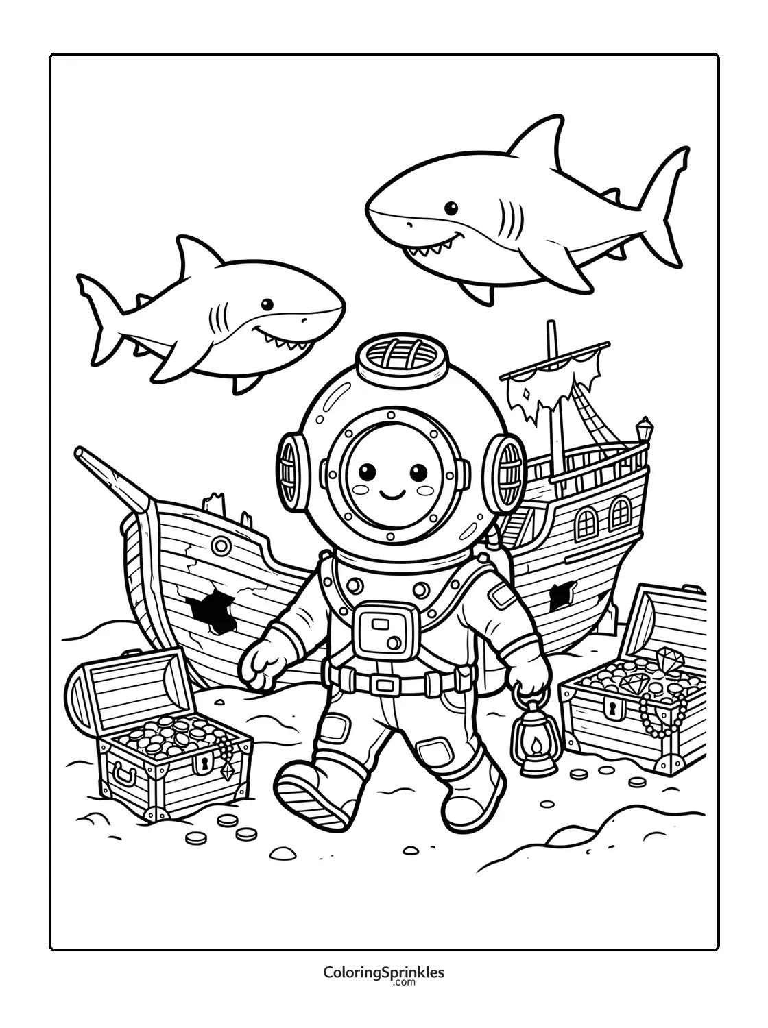 Coloring page of a diver exploring treasure chests near a shipwreck with sharks