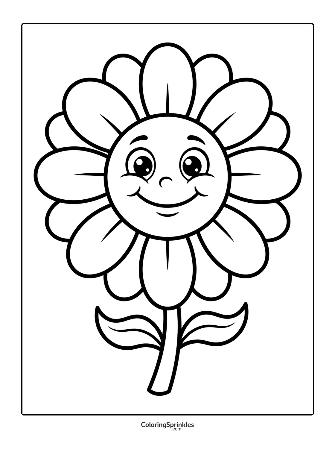 Coloring page of a smiling daisy flower with a face