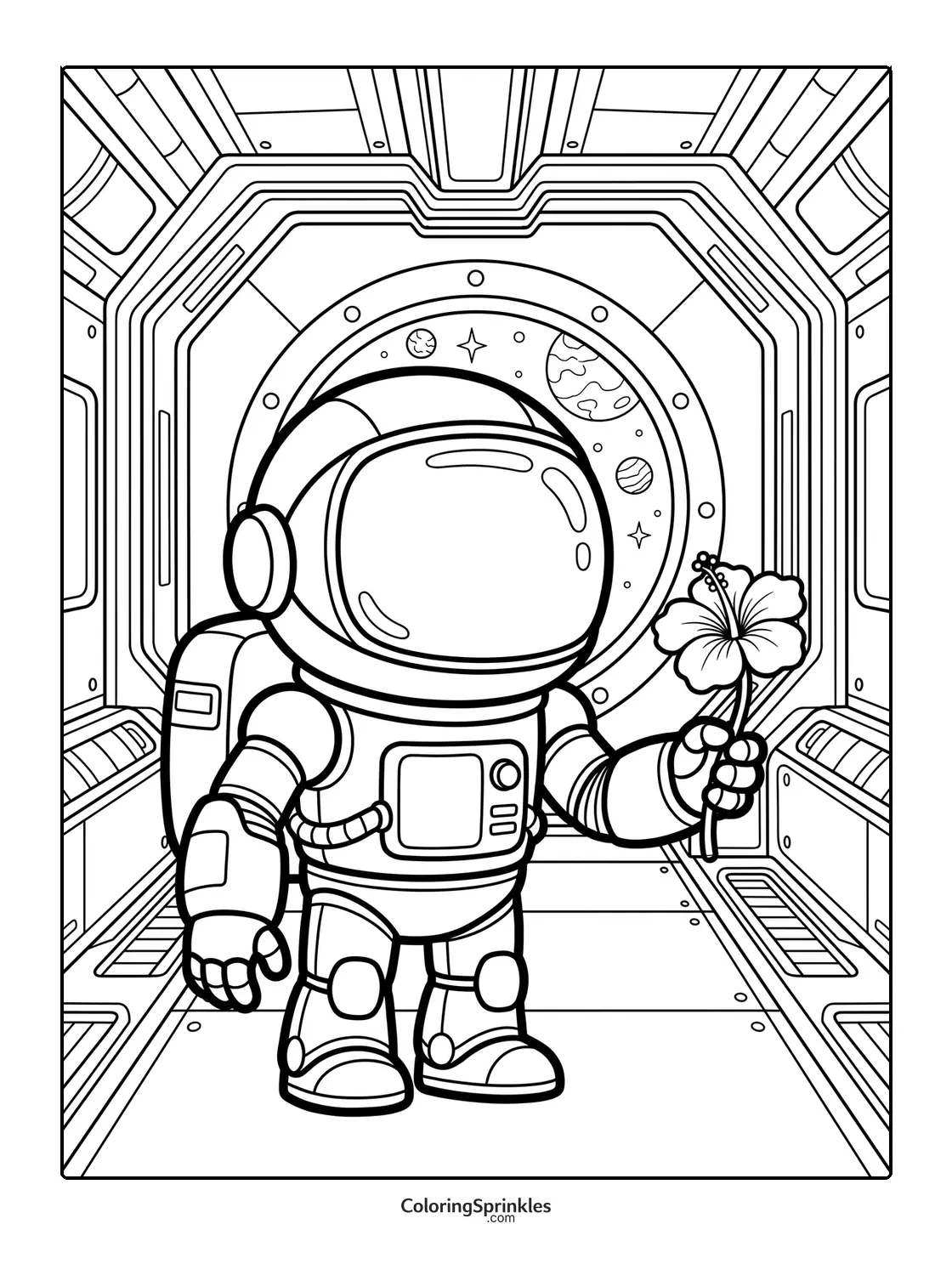 Coloring page of an astronaut holding a hibiscus flower inside a space station