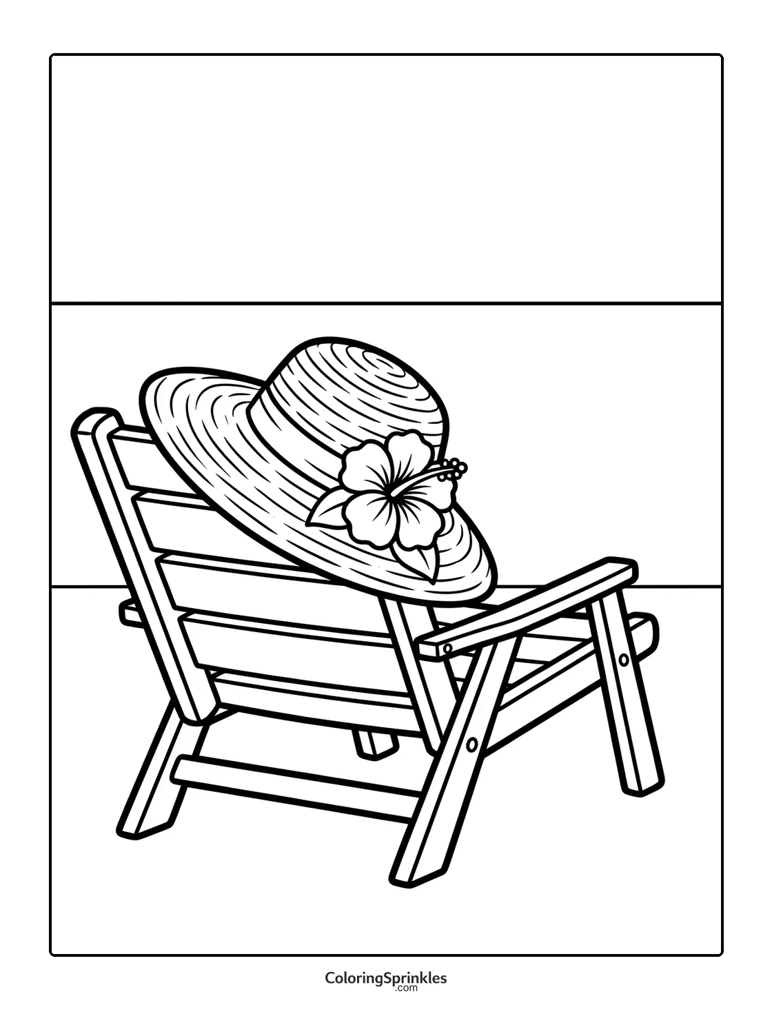 Coloring page of a beach chair with a straw hat decorated with a hibiscus flower