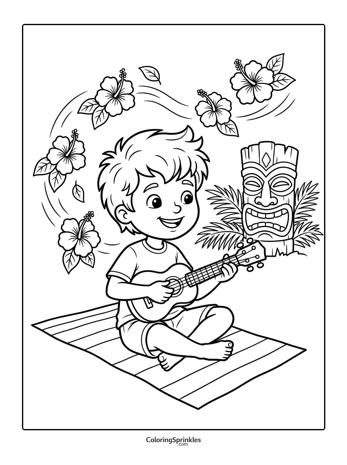 Coloring page of a boy playing a ukulele with hibiscus flowers and tiki statue
