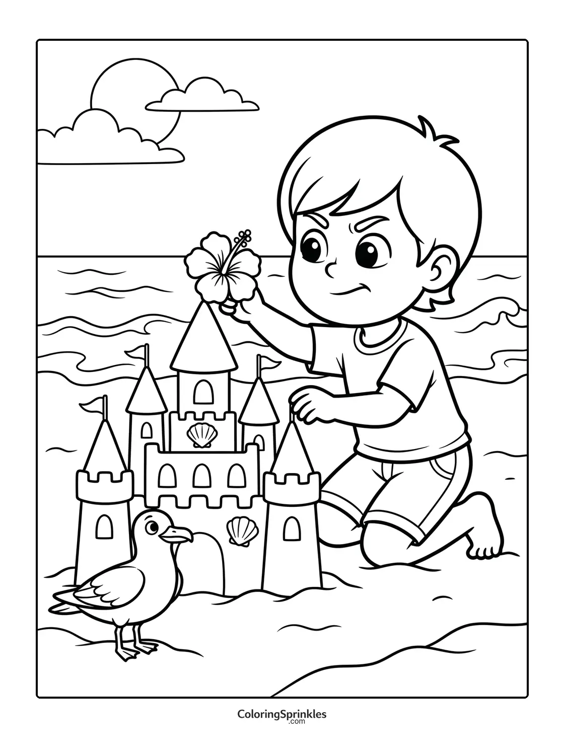 Coloring page of a boy building a sandcastle on the beach with a flower and a seagull