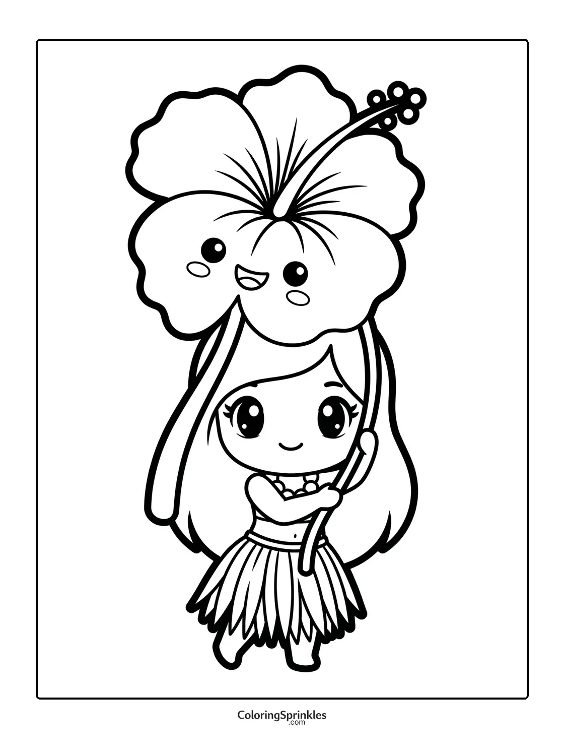 Coloring page of a cute girl holding a large hibiscus flower