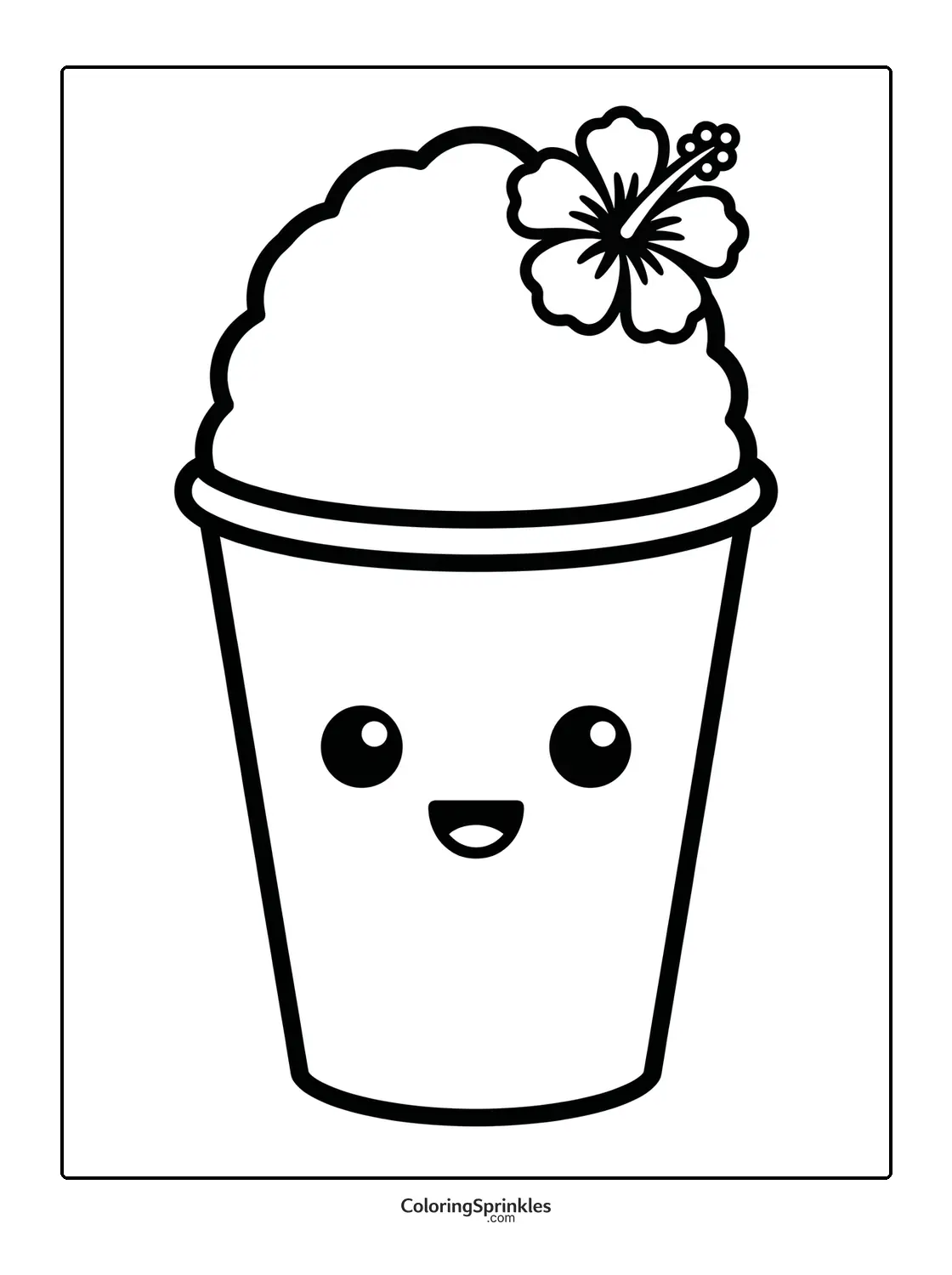 Coloring page of a cute ice cream cup with a hibiscus flower and smiling face