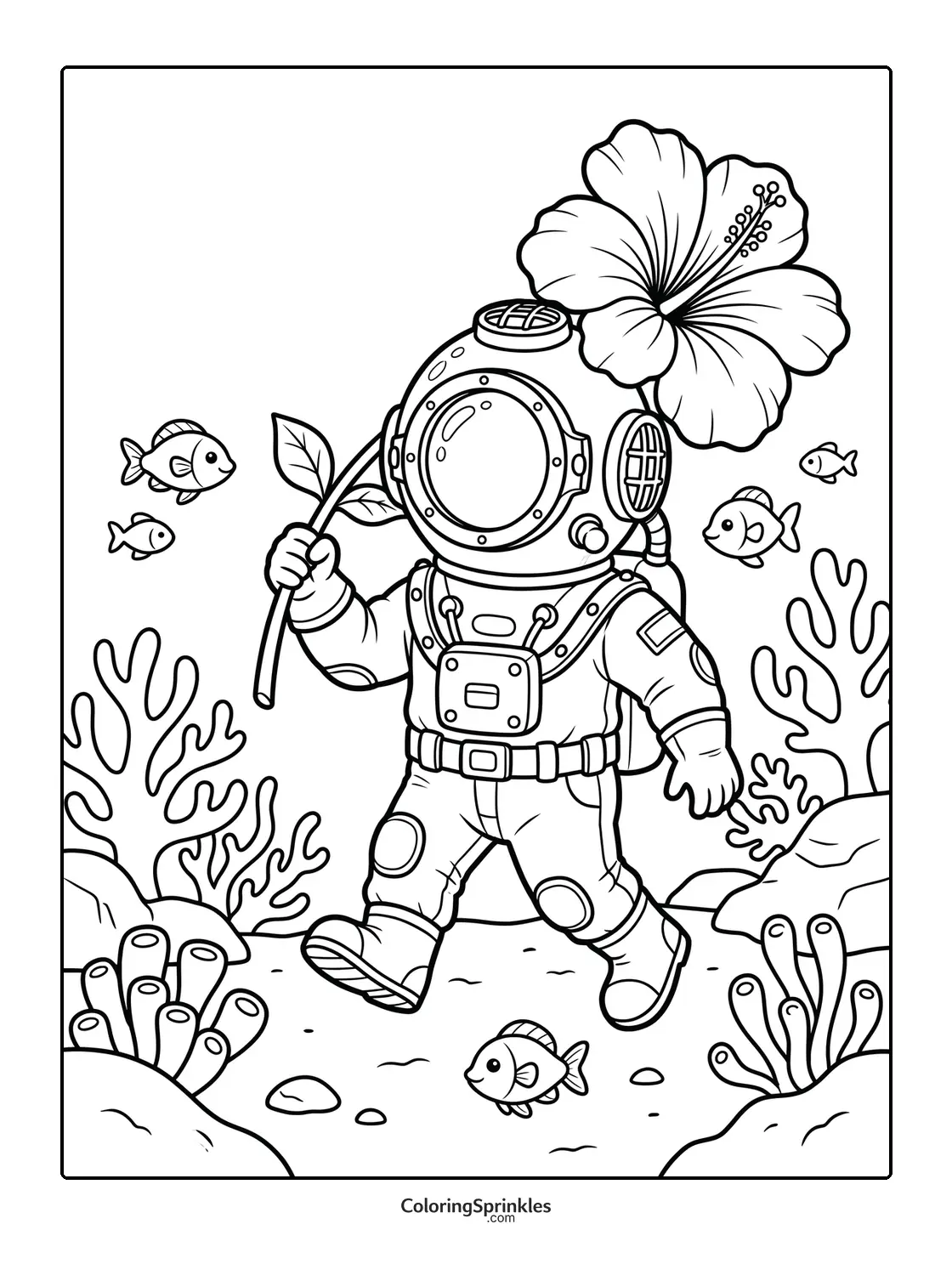 Coloring page of a diver holding a hibiscus flower underwater with fish and coral