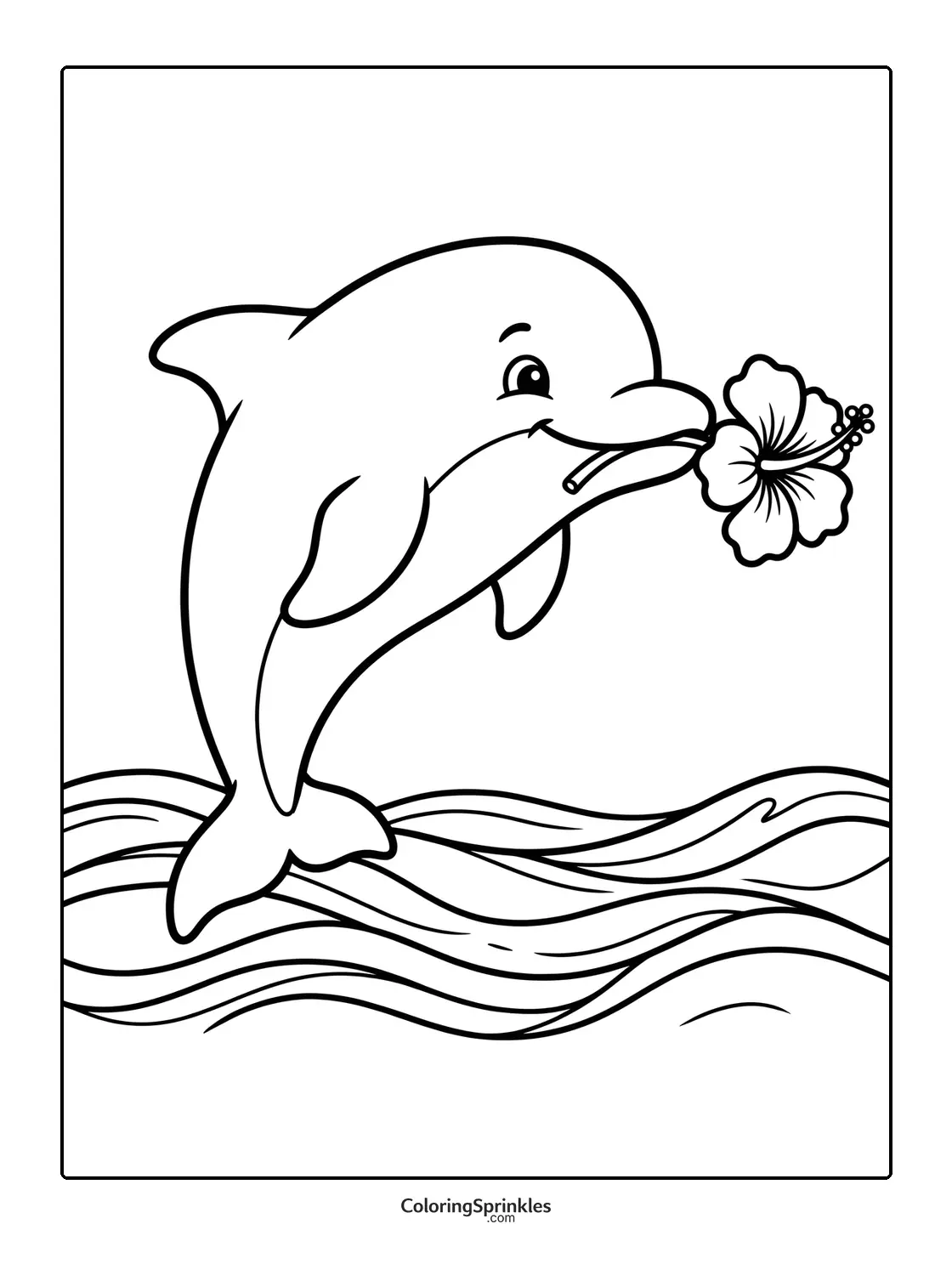 Coloring page of a dolphin jumping over waves holding a hibiscus flower