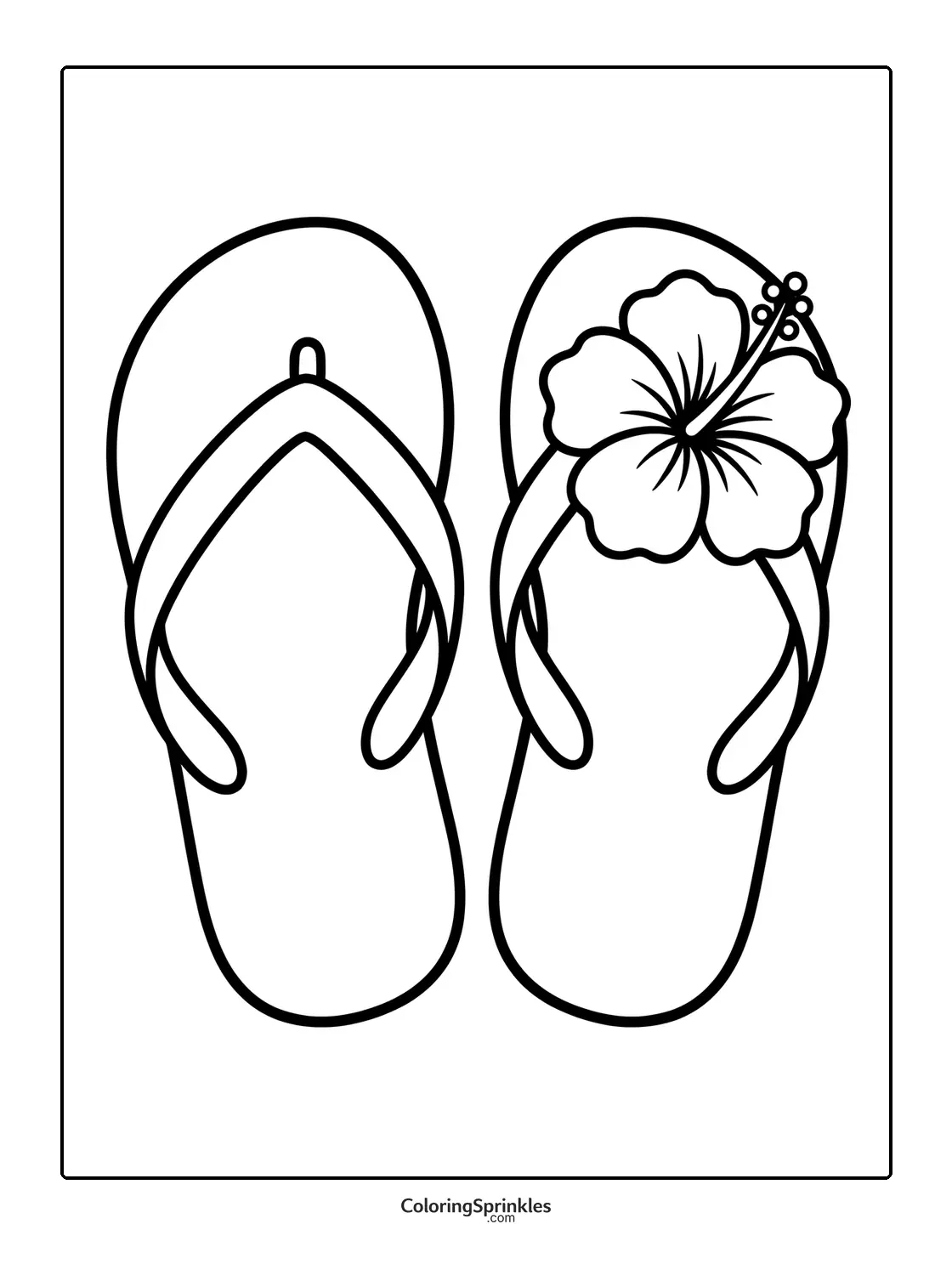 Coloring page of flip-flops with a hibiscus flower decoration