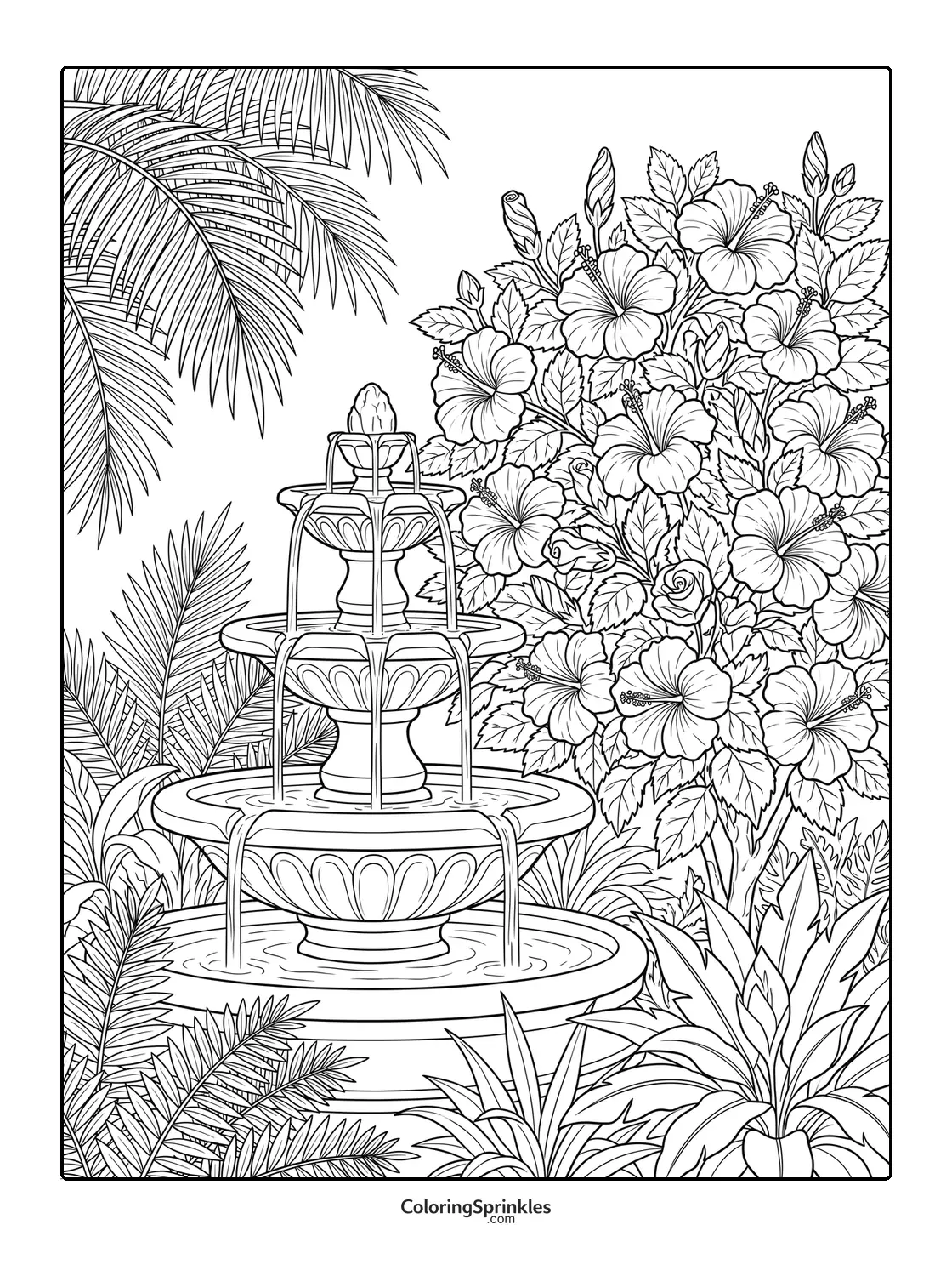 Coloring page of a garden fountain surrounded by hibiscus flowers and tropical plants