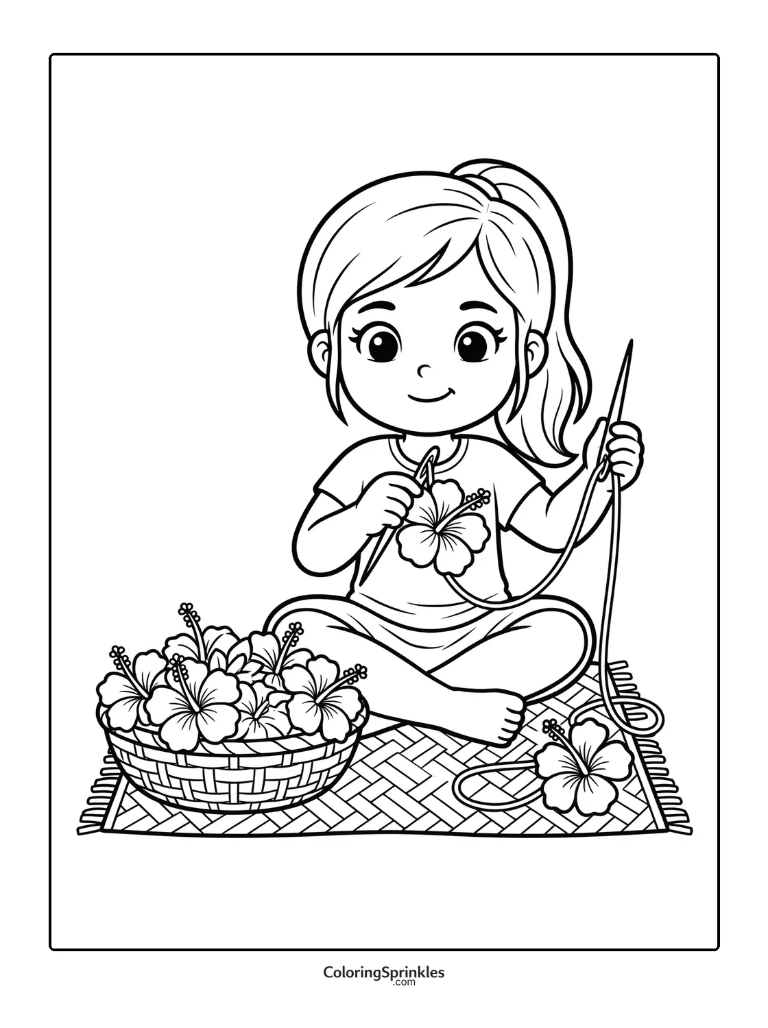 Coloring page of a girl stringing hibiscus flowers from a basket while sitting on a mat