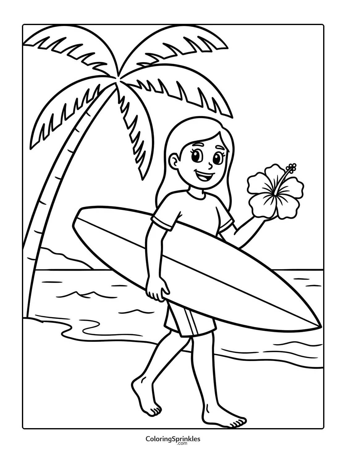 Coloring page of a girl holding a surfboard and a hibiscus flower on the beach