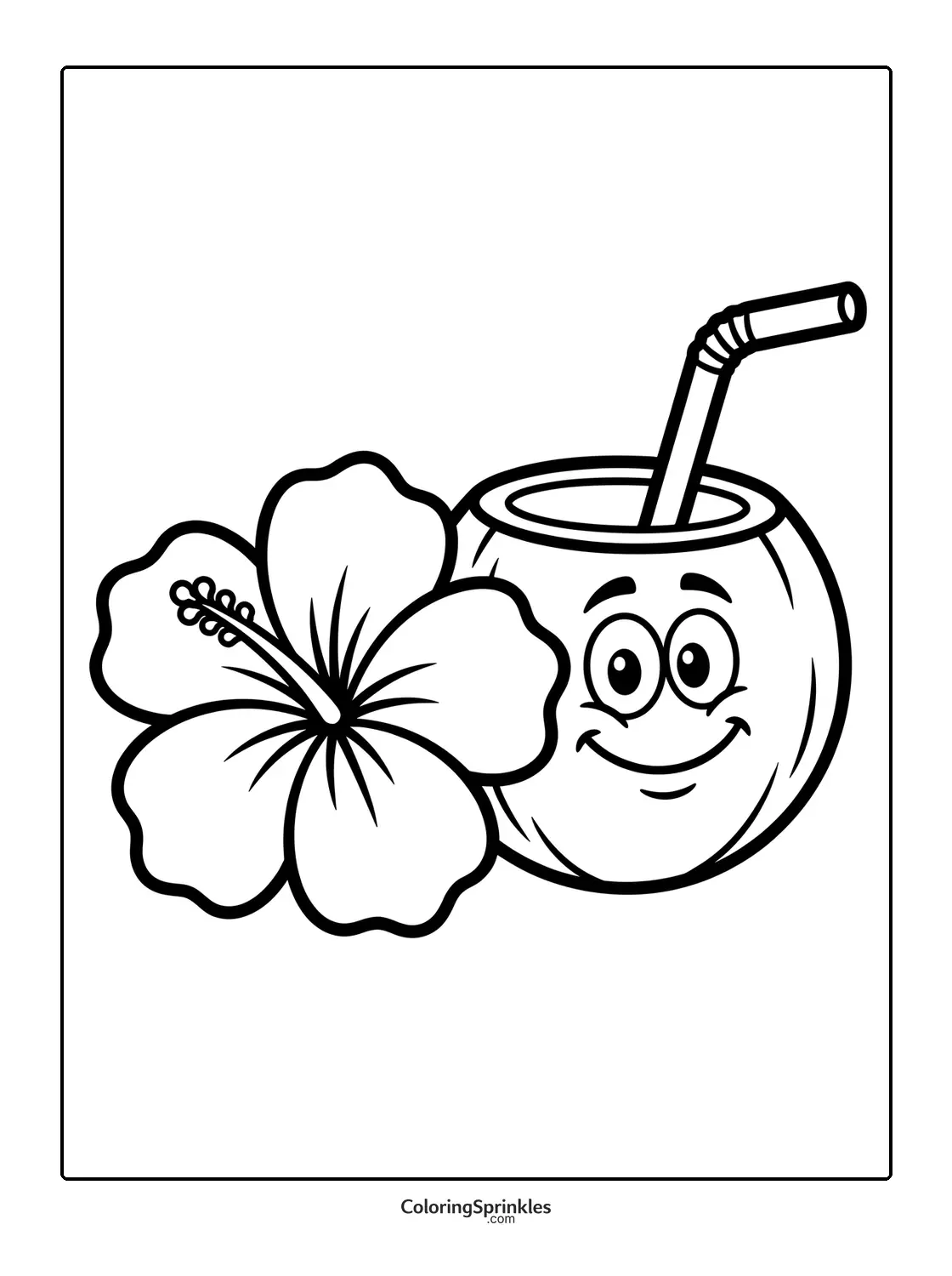 Coloring page of a smiling coconut drink with a hibiscus flower