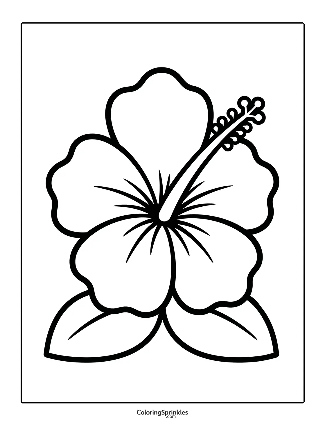 Coloring page of a simple hibiscus flower with leaves