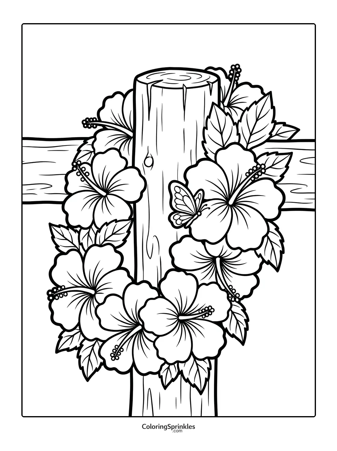 Coloring page of a hibiscus flower wreath with a butterfly on a wooden post