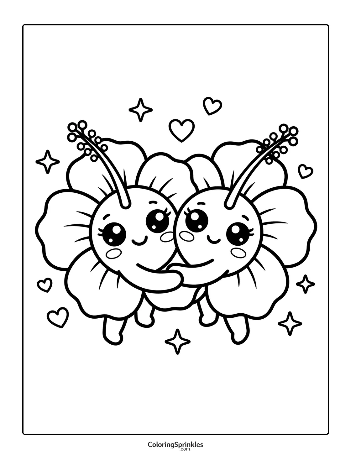 Coloring page of two cute hibiscus flowers hugging with hearts