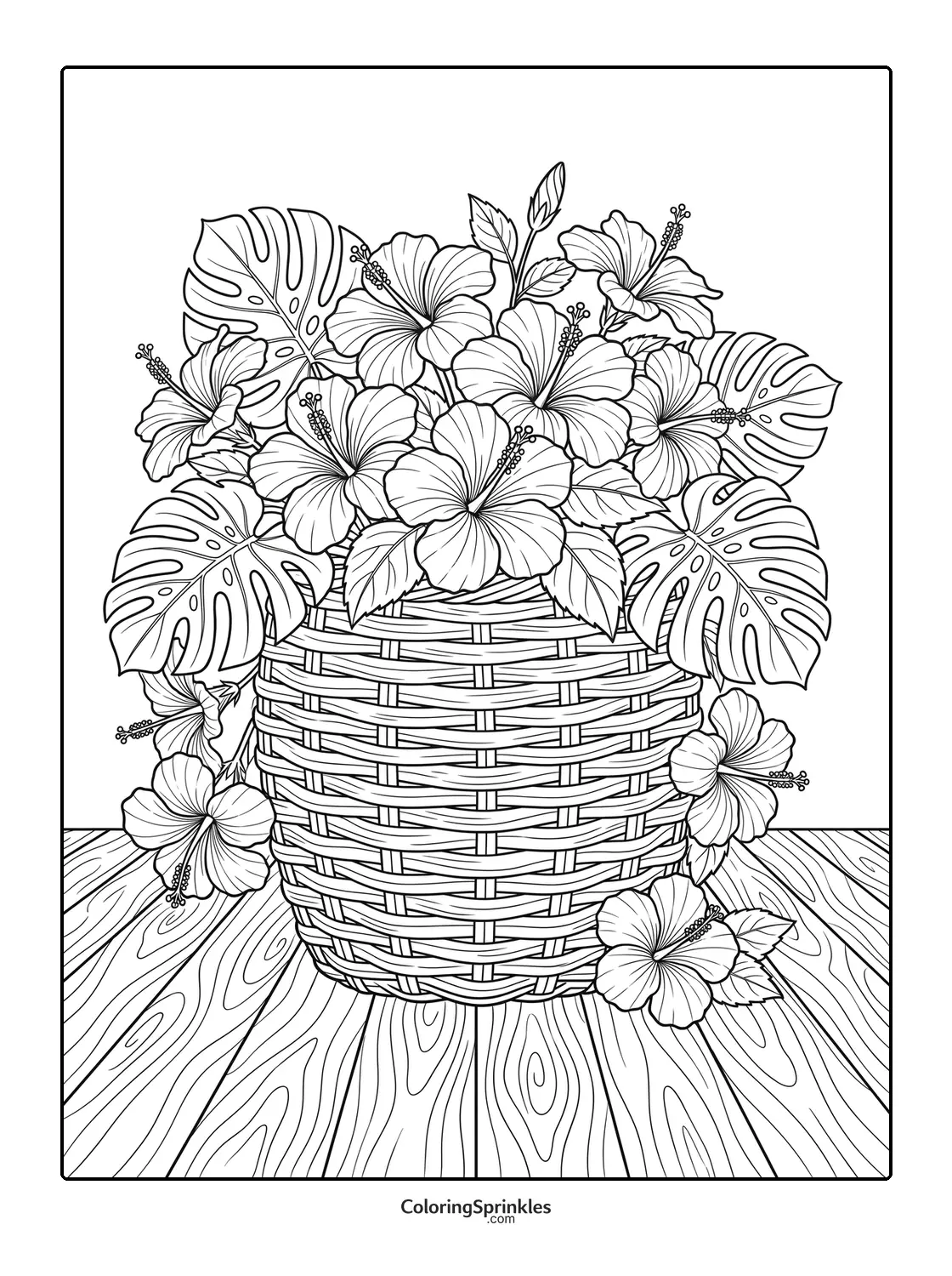 Coloring page of hibiscus flowers in a woven basket on a wooden table