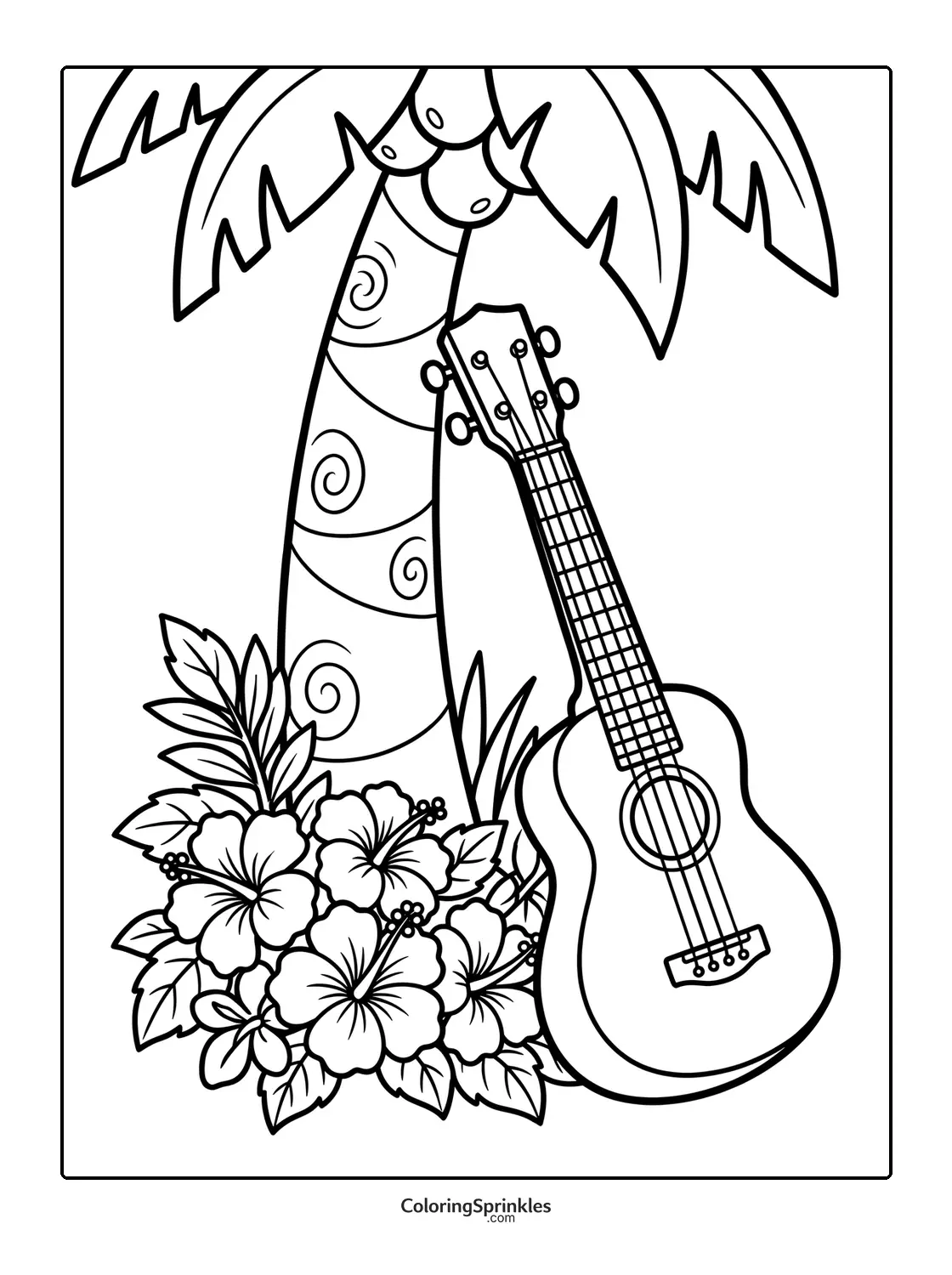 Coloring page of hibiscus flowers with a palm tree and guitar