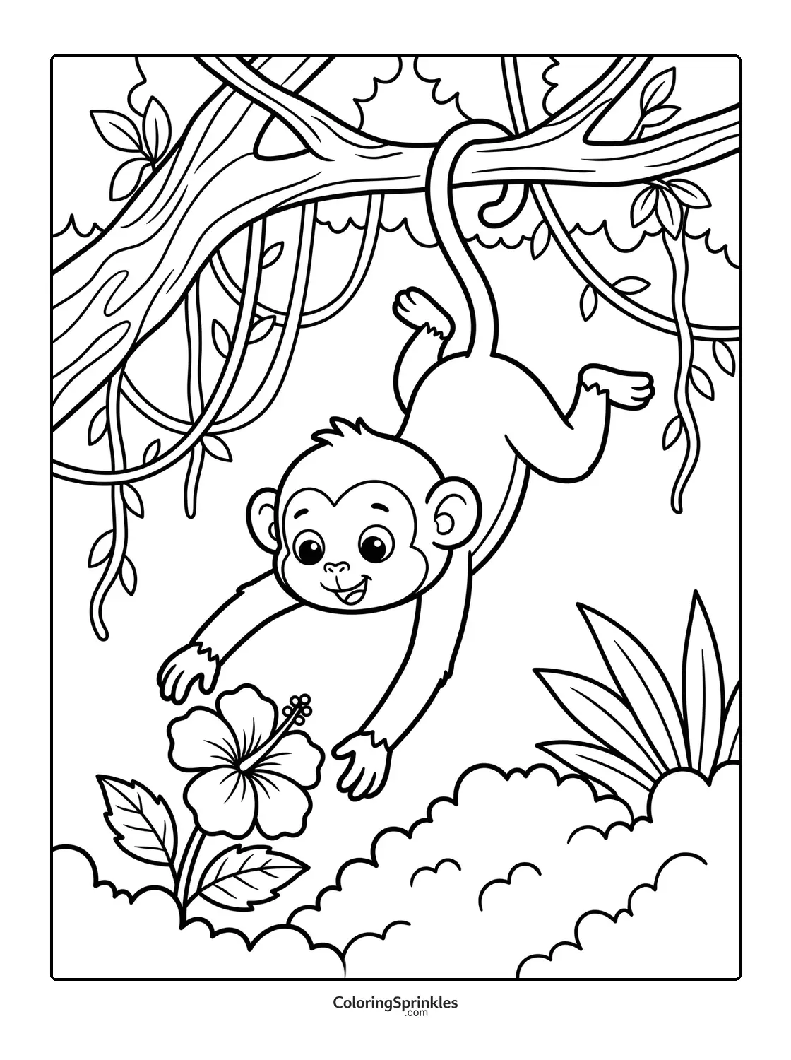Coloring page of a monkey hanging from a tree reaching for a hibiscus flower