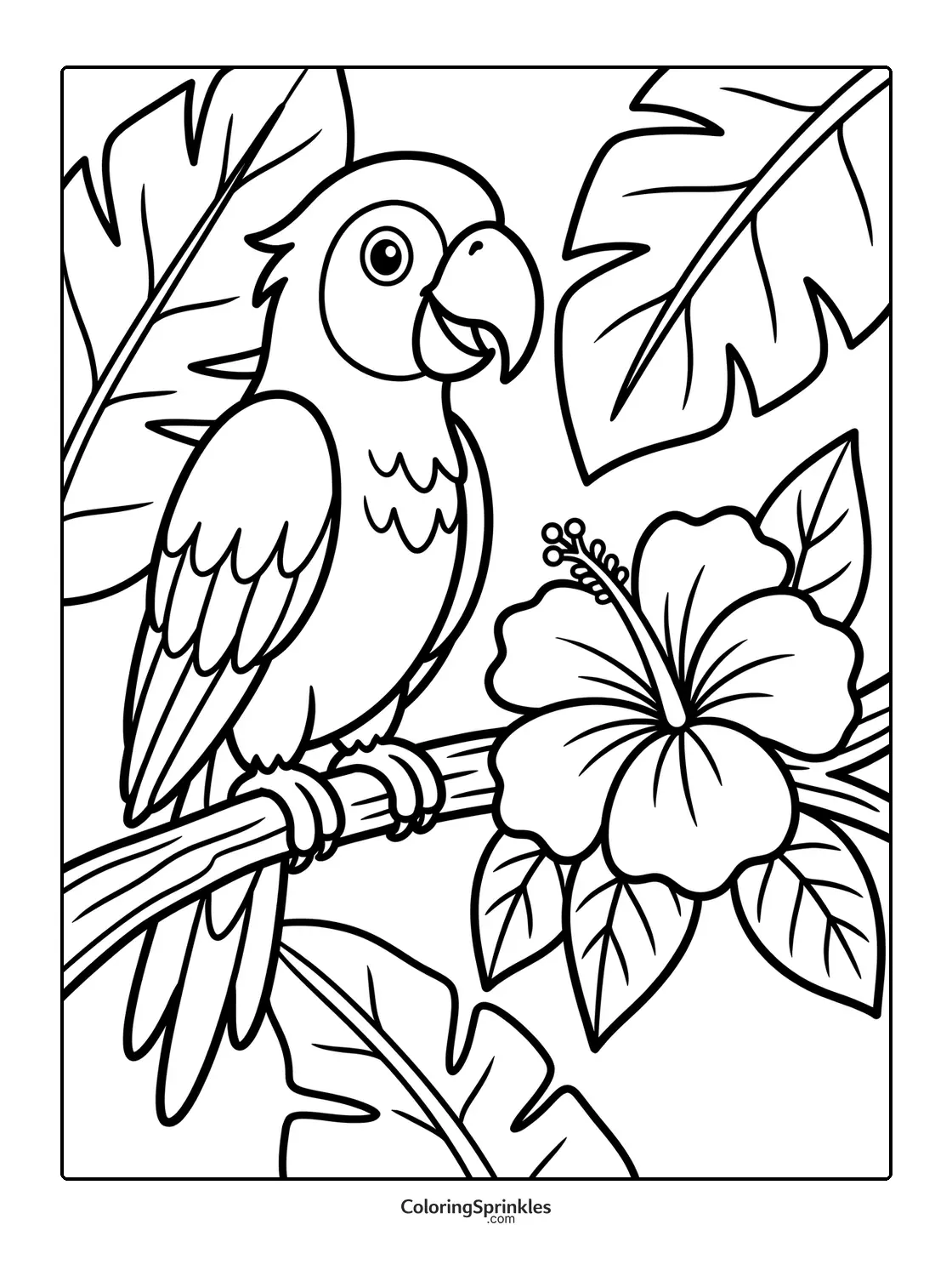 Coloring page of a parrot perched on a branch with a hibiscus flower and large leaves