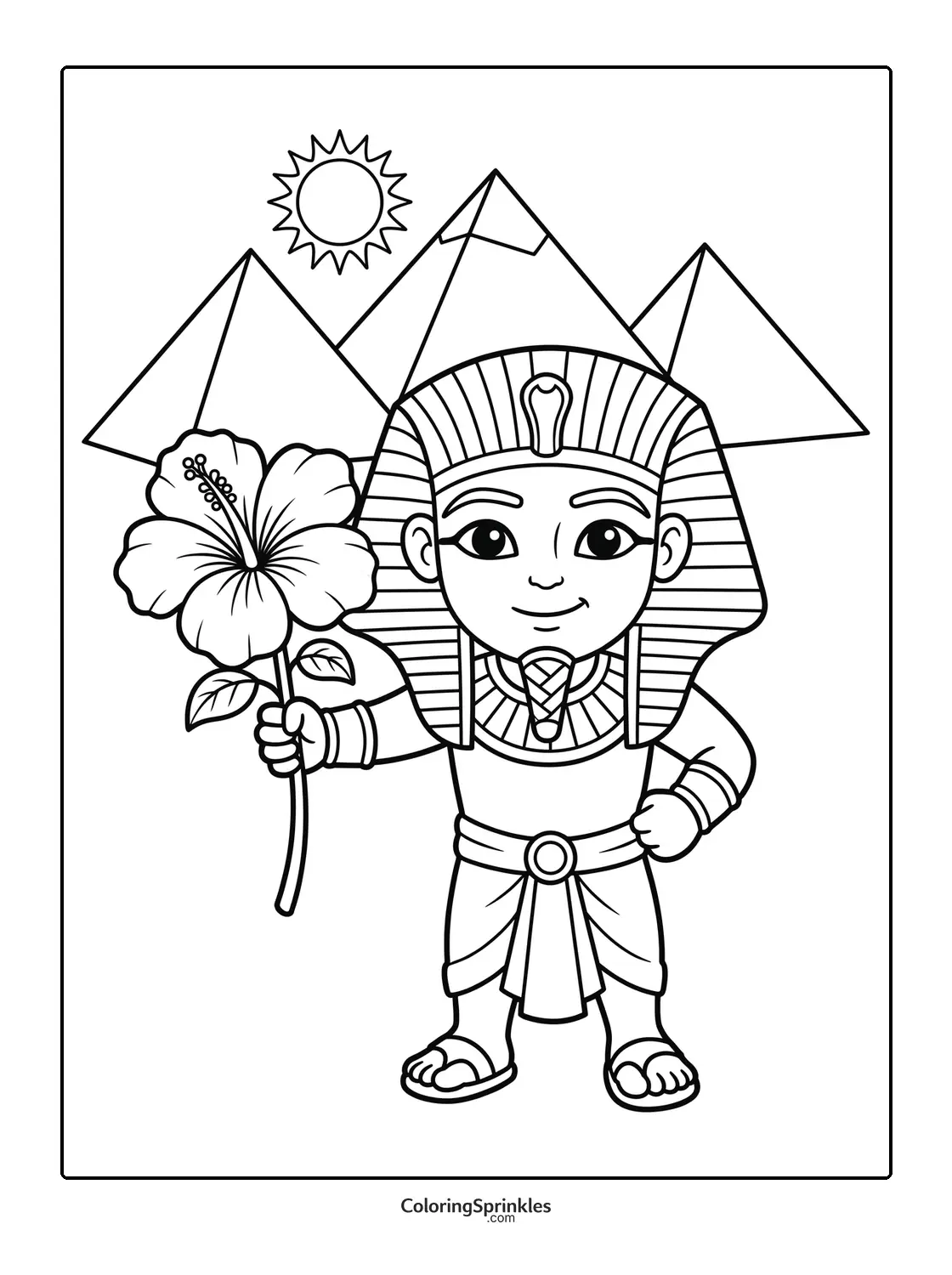 Coloring page of a pharaoh holding a hibiscus flower with pyramids and sun in the background