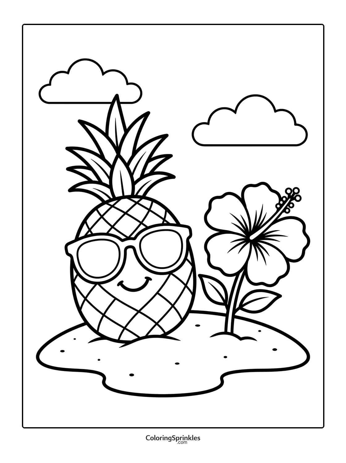 Coloring page of a pineapple with sunglasses next to a hibiscus flower