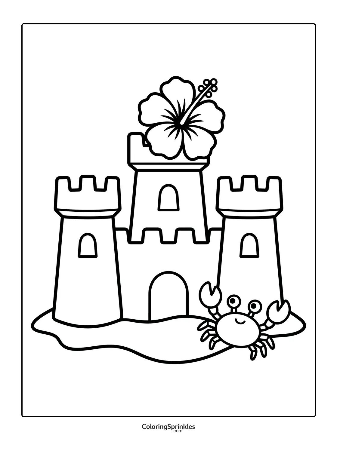 Coloring page of a sandcastle with a hibiscus flower and a crab on the beach
